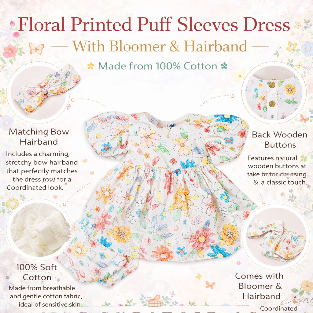 Floral Printed Puff Sleeves Dress With Bloomers & Hairband - Off White