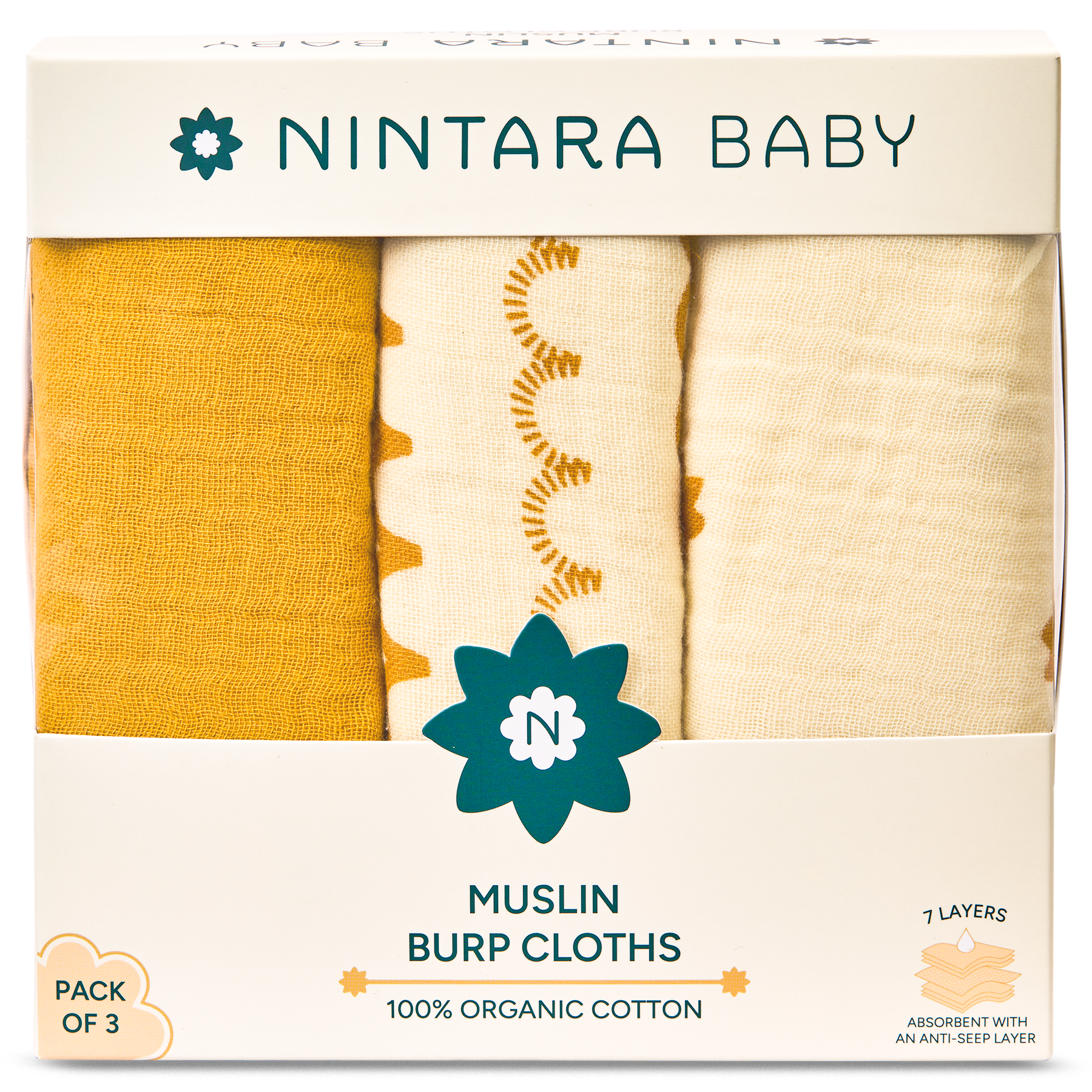 Nintara Baby Burp Cloths - 100% Organic Premium Muslin Cotton, Extra-Large 22" x 12" (55 cm x 30 cm), 7-Layer Absorbent & Waterproof, Reversible, Soft & Hypoallergenic, Gifts for Newborns