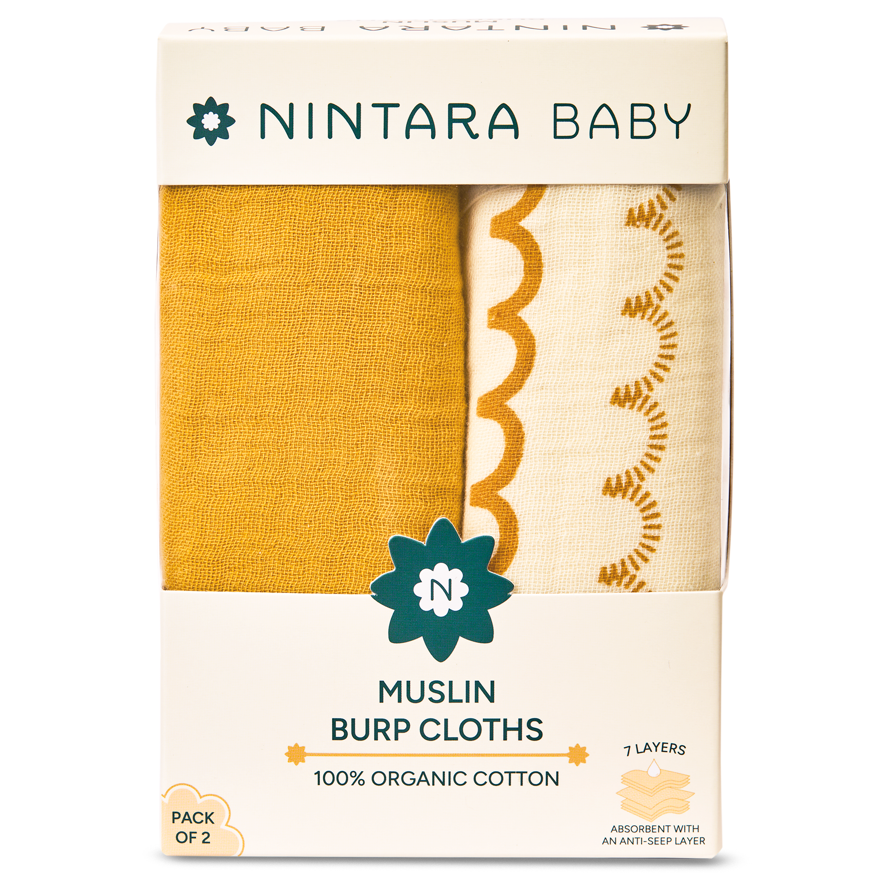 Nintara Baby Burp Cloths - 100% Organic Premium Muslin Cotton, Extra-Large 22" x 12" (55 cm x 30 cm), 7-Layer Absorbent & Waterproof, Reversible, Soft & Hypoallergenic, Gifts for Newborns