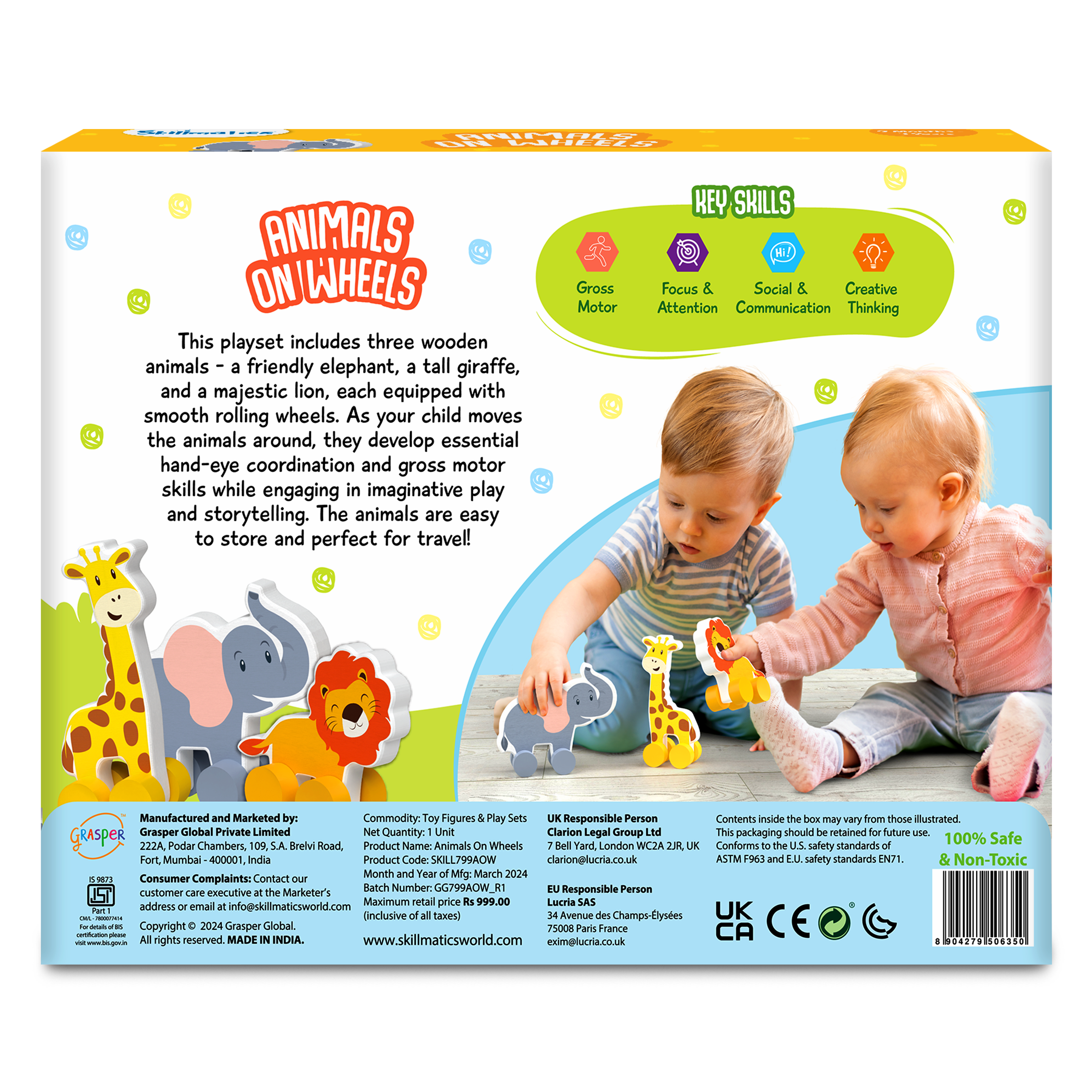 Skillmatics Wooden Animal Toys on Wheels, Imaginative Play for Toddlers, Educational Gifts for Infants 9 Months to 3 Years