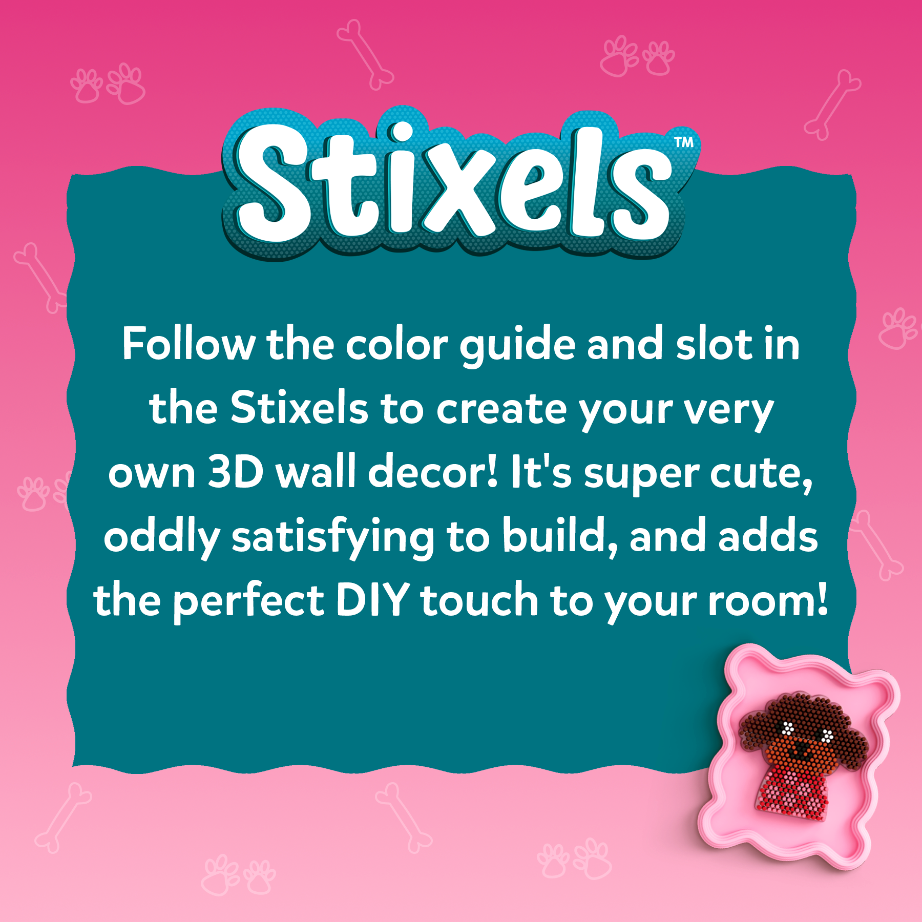 Advertisement for Stixels 3D wall decor with text and a small decorative piece on a pink background.