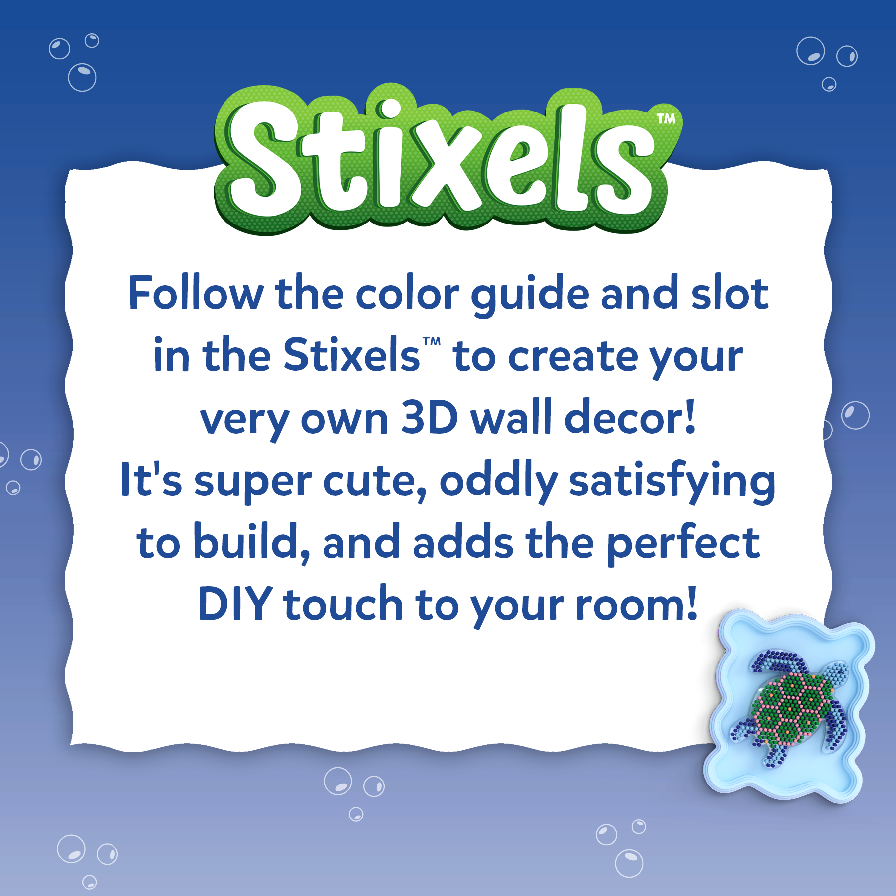 Stixels promotional graphic with text and a small 3D wall decor piece on a blue background