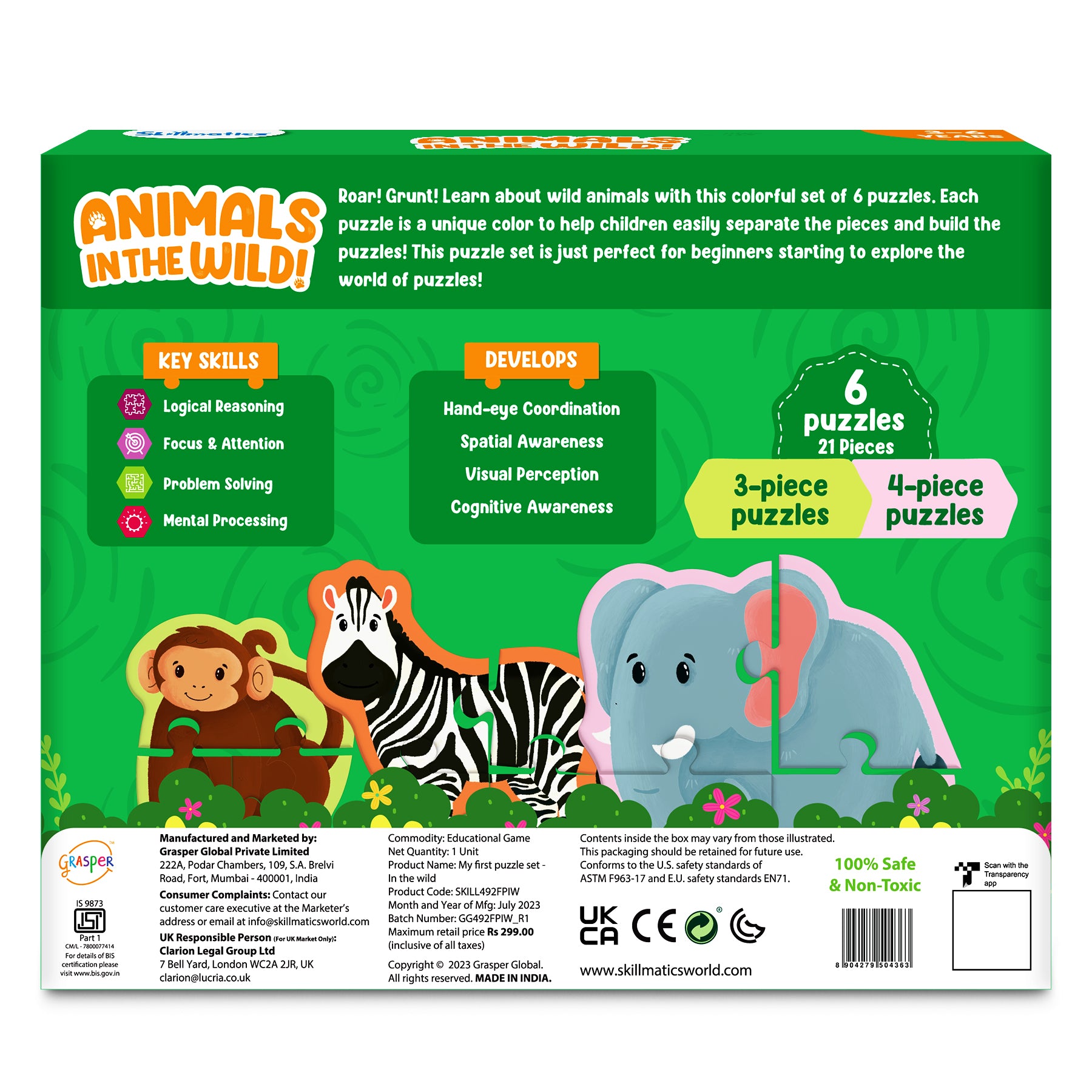 Skillmatics My First Puzzle Set - 21 Piece Wild Animal Jigsaw Puzzles, Educational Toddler Toy, Gifts For Kids Ages 3 To 6