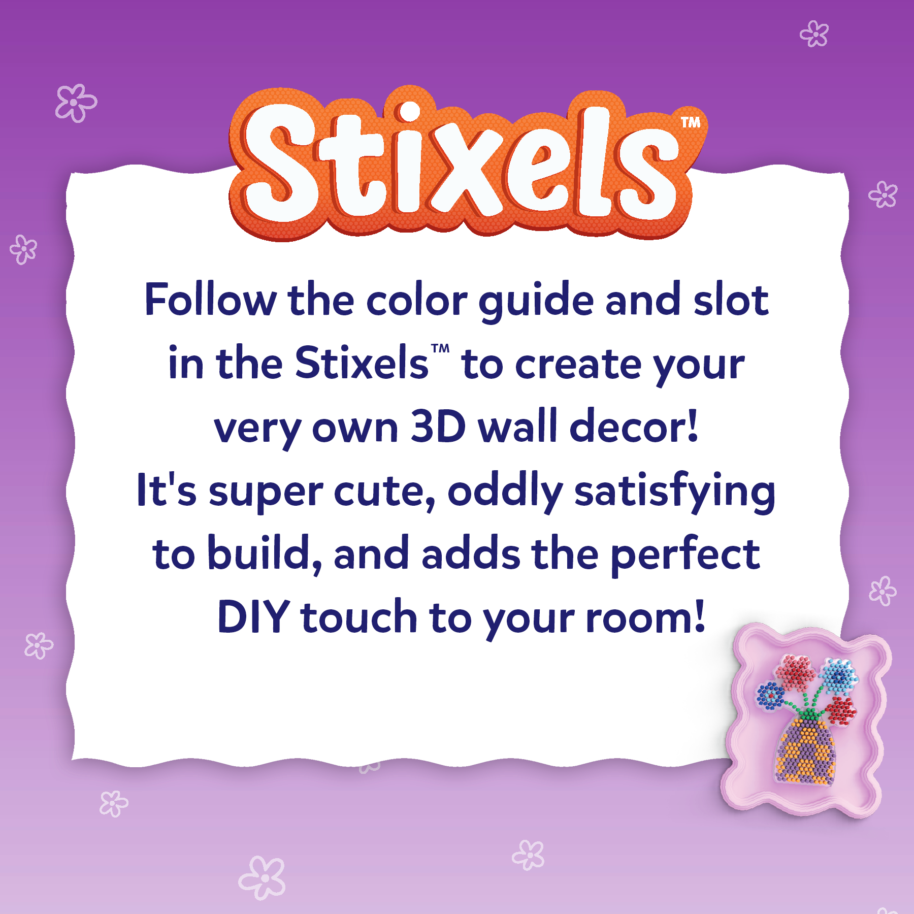 Advertisement for Stixels 3D wall decor with text and a sample design on a purple background.