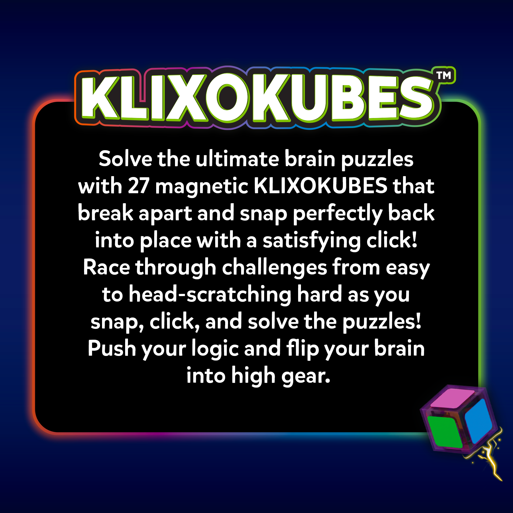 Advertisement for Klixokubes with text on a dark background