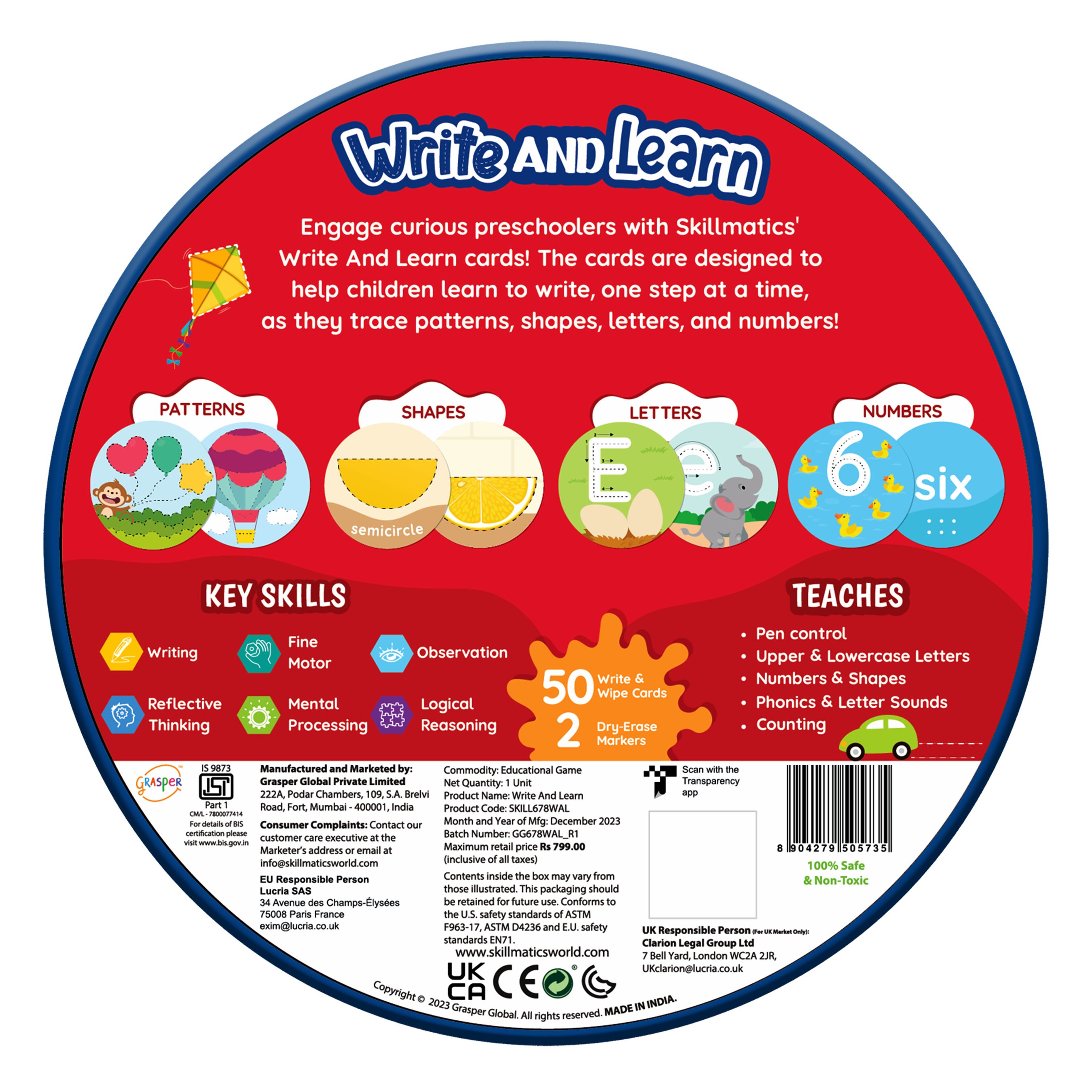Skillmatics Write & Learn Cards for Toddlers - Letters, Numbers, Patterns & Shapes, Preschool Learning, Reusable Cards, Travel Toys, Gifts for Kids Ages 3, 4, 5, 6
