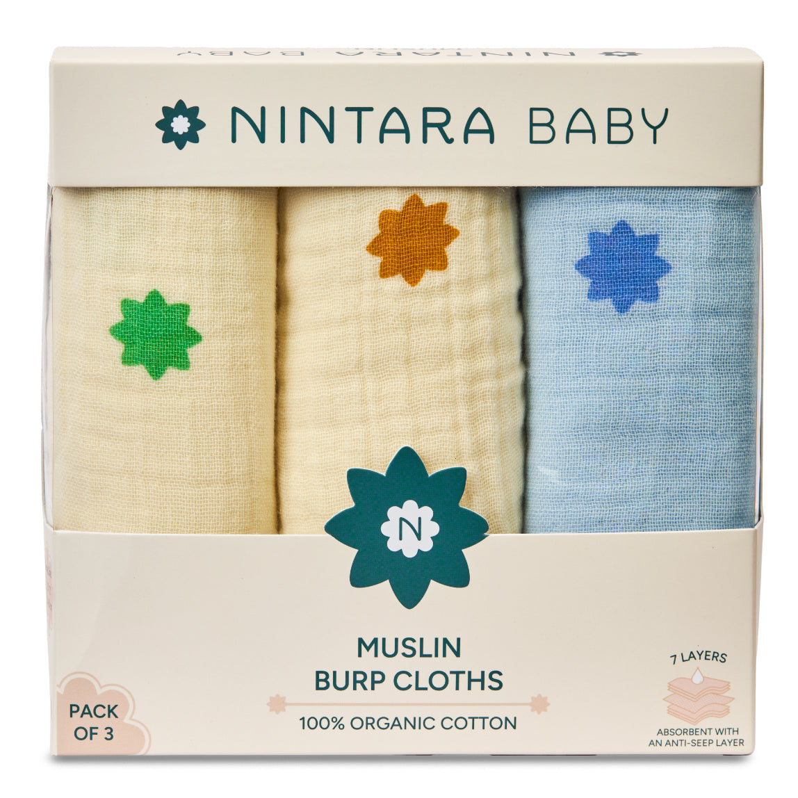 Nintara Baby Burp Cloths - 100% Organic Premium Muslin Cotton, Extra-Large 22" x 12" (55 cm x 30 cm), 7-Layer Absorbent & Waterproof, Reversible, Soft & Hypoallergenic, Gifts for Newborns