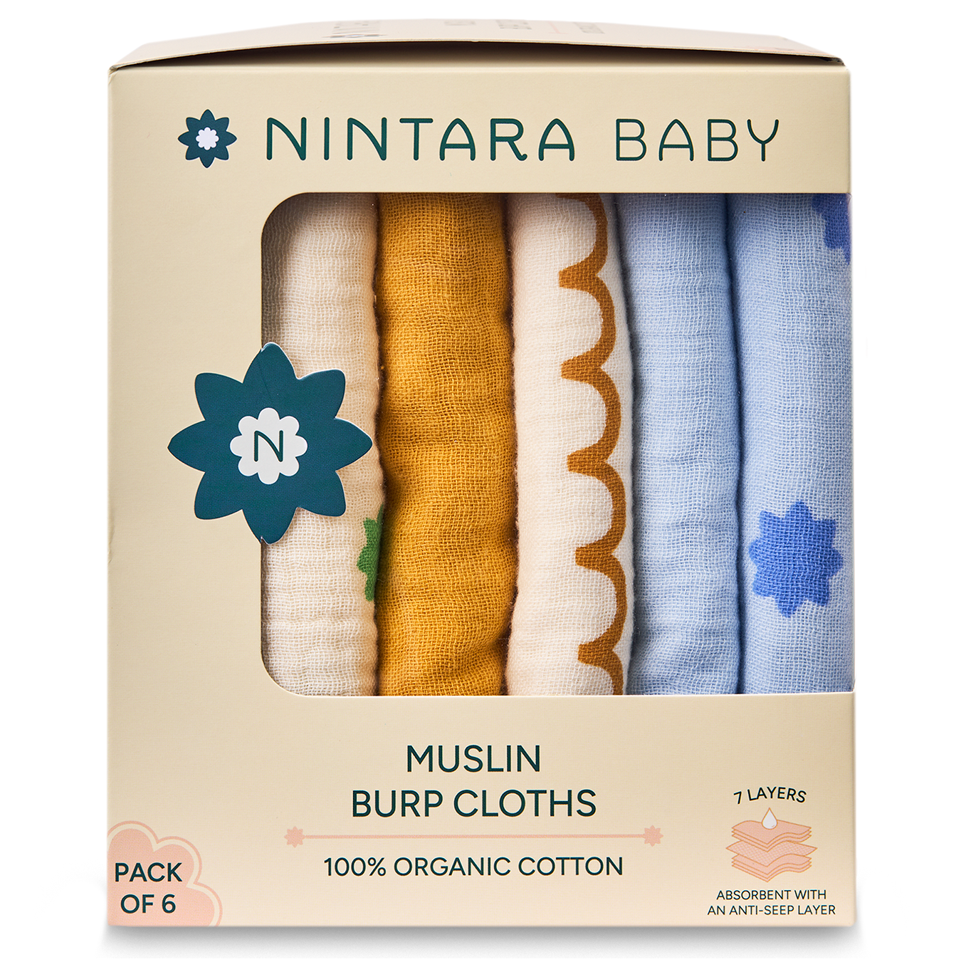 Nintara Baby Burp Cloths - 100% Organic Premium Muslin Cotton, Extra-Large 22" x 12" (55 cm x 30 cm), 7-Layer Absorbent & Waterproof, Reversible, Soft & Hypoallergenic, Gifts for Newborns