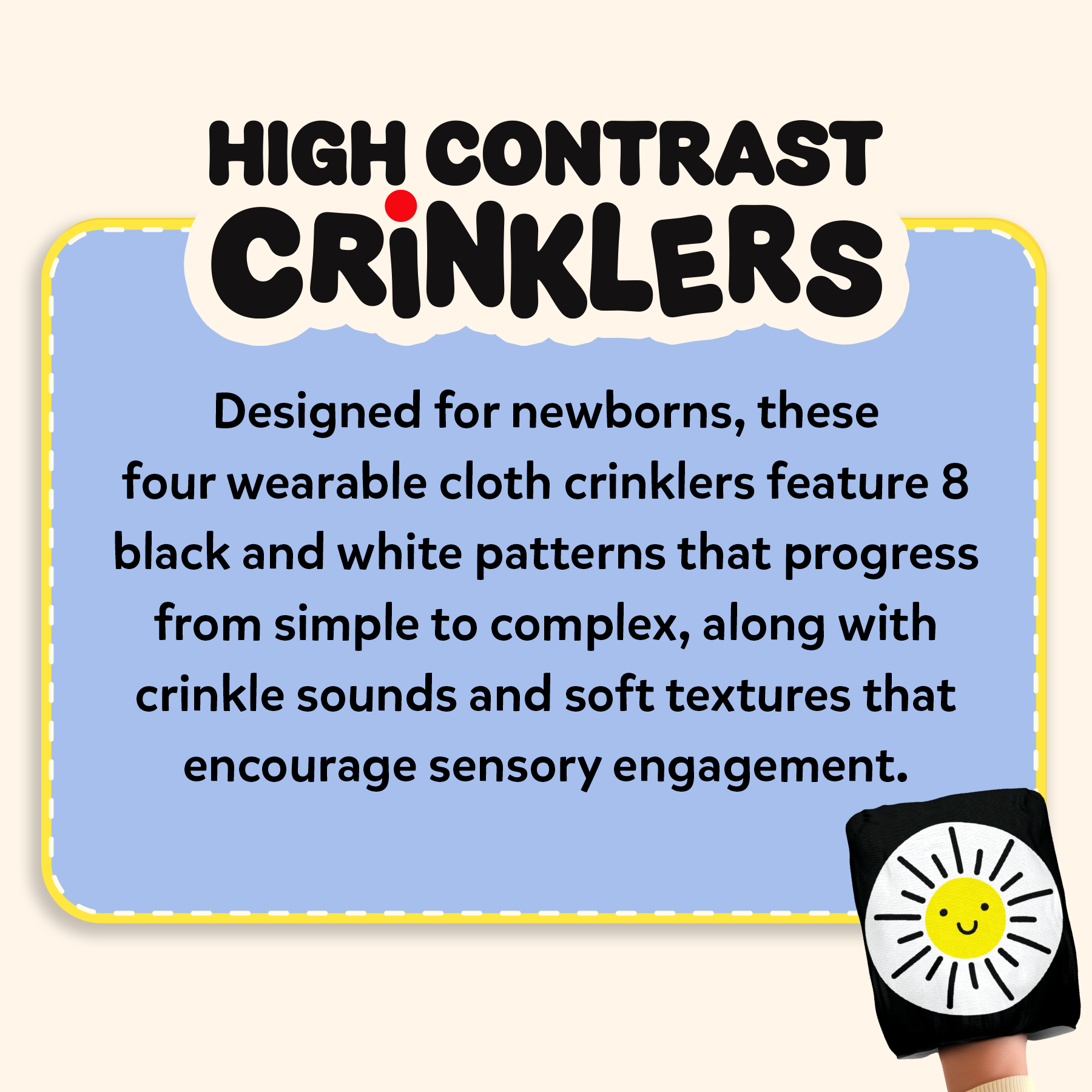 High Contrast Crinkle Toy – 4 Wearable Black & White Sensory Cloth Crinklers