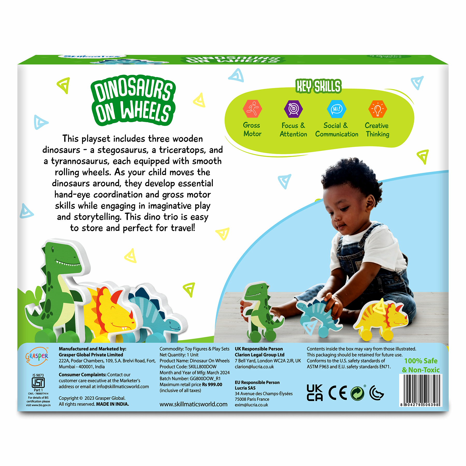 Skillmatics Wooden Dinosaur Toys on Wheels, Imaginative Play for Toddlers, Educational Gifts for Infants 9 Months to 3 Years