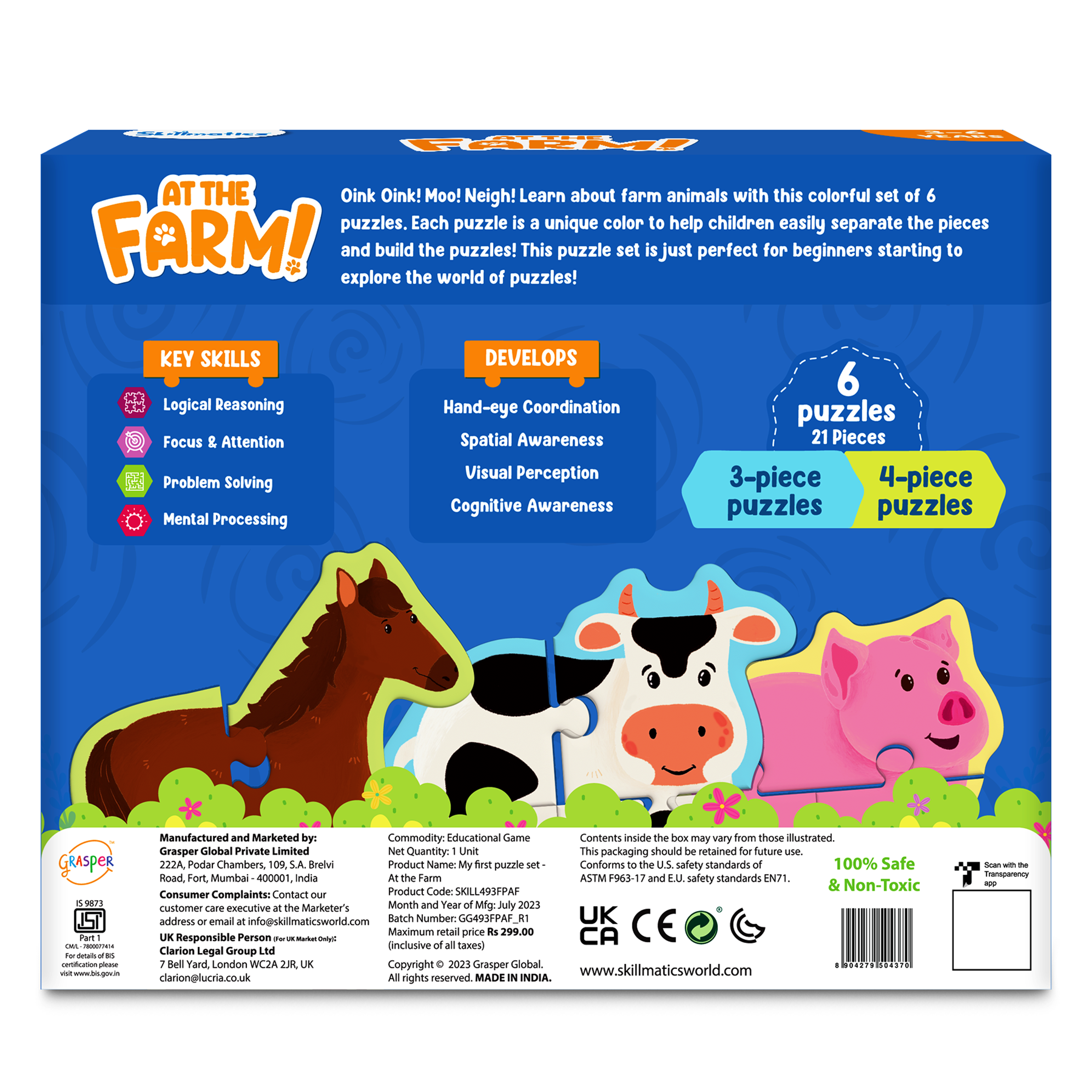 Skillmatics My First Puzzle Set - 21 Piece Farm Animal Jigsaw Puzzles, Educational Toddler Toy, Gifts For Kids Ages 3 To 6