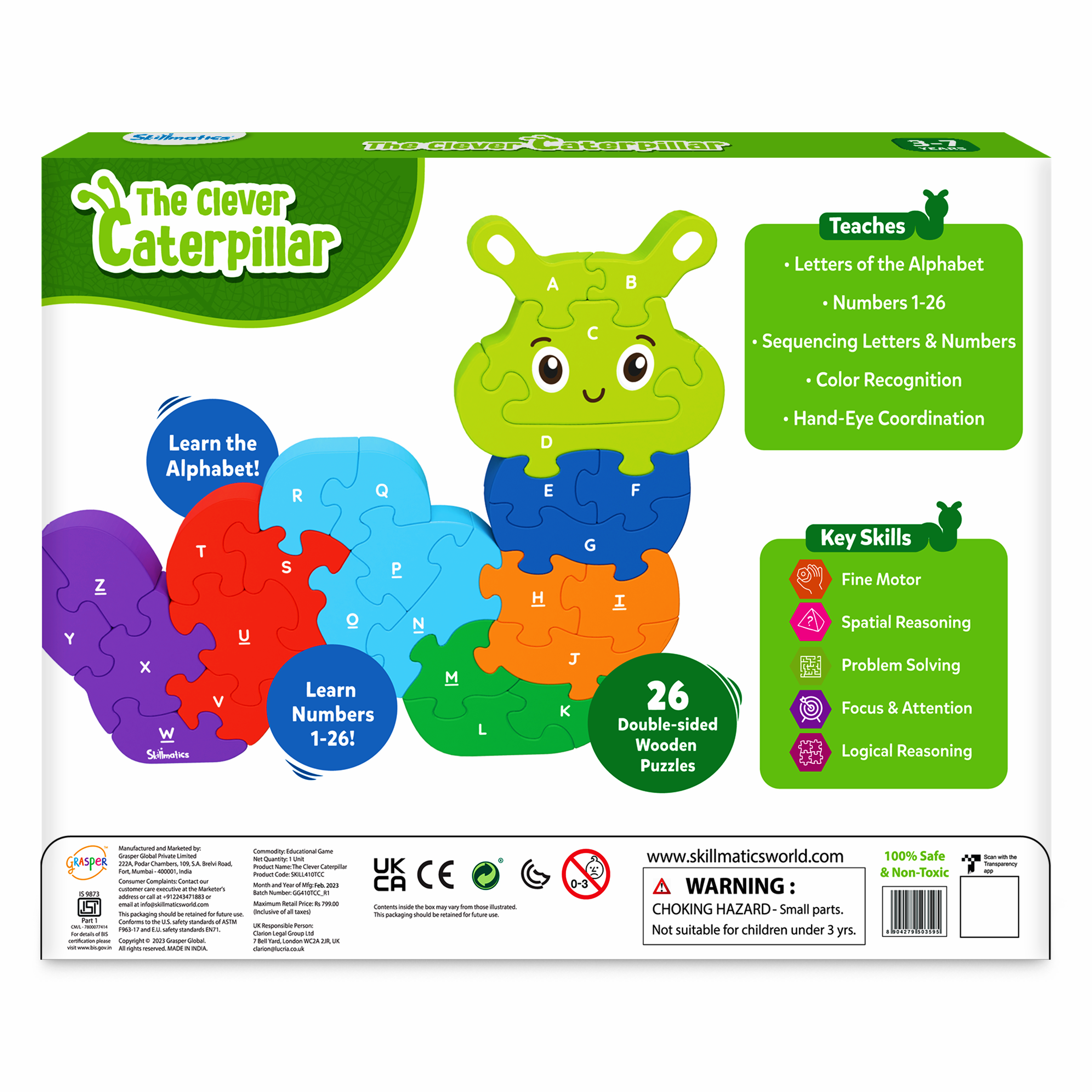 Skillmatics Wooden Puzzle - The Clever Caterpillar, 2 Puzzles in 1, 26 Double-Sided Pieces, Learn Letters & Numbers, Gifts for Ages 3 to 7