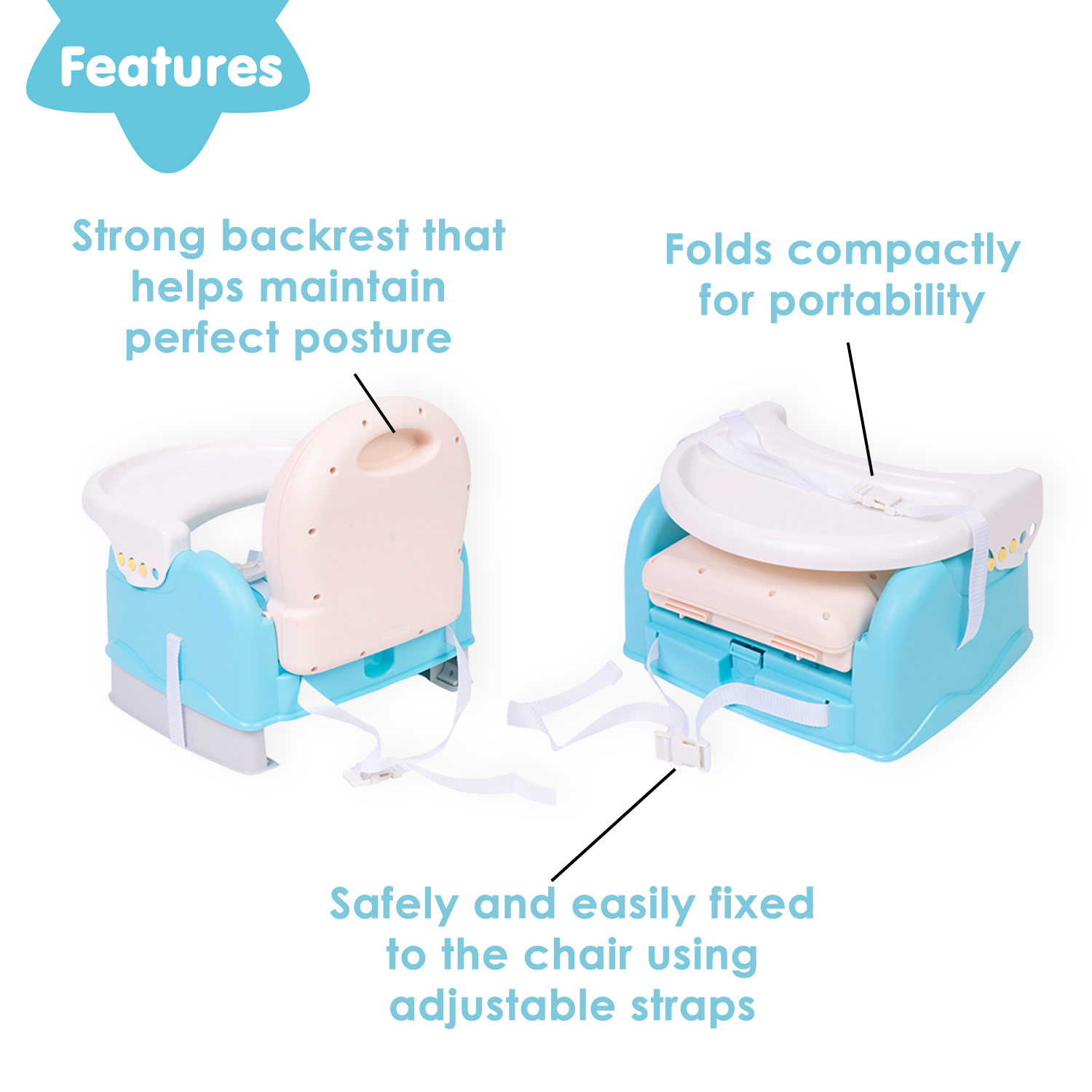 Baby Moo Foldable Feeding Booster Seat Adjustable Height And Food Tray Blue