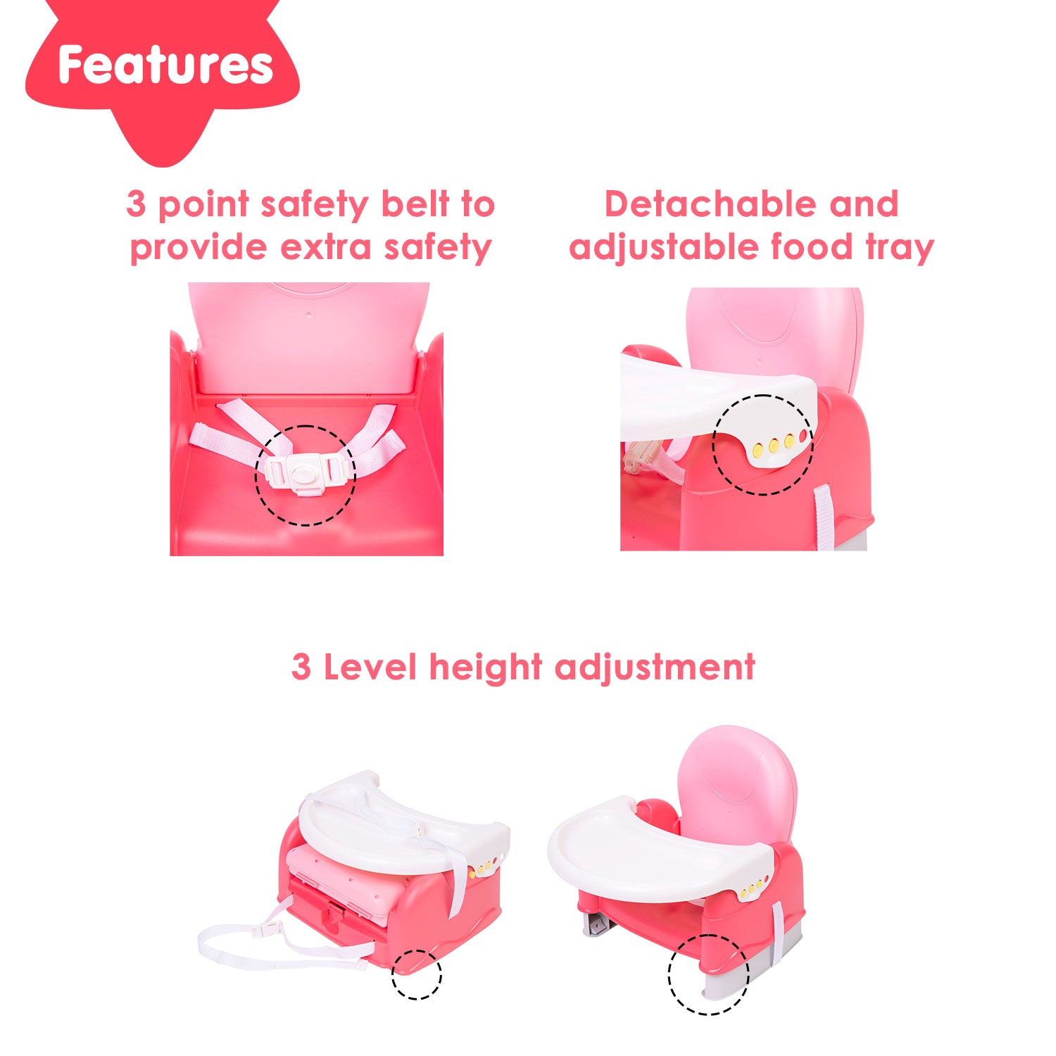 Baby Moo Foldable Feeding Booster Seat Adjustable Height And Food Tray Pink