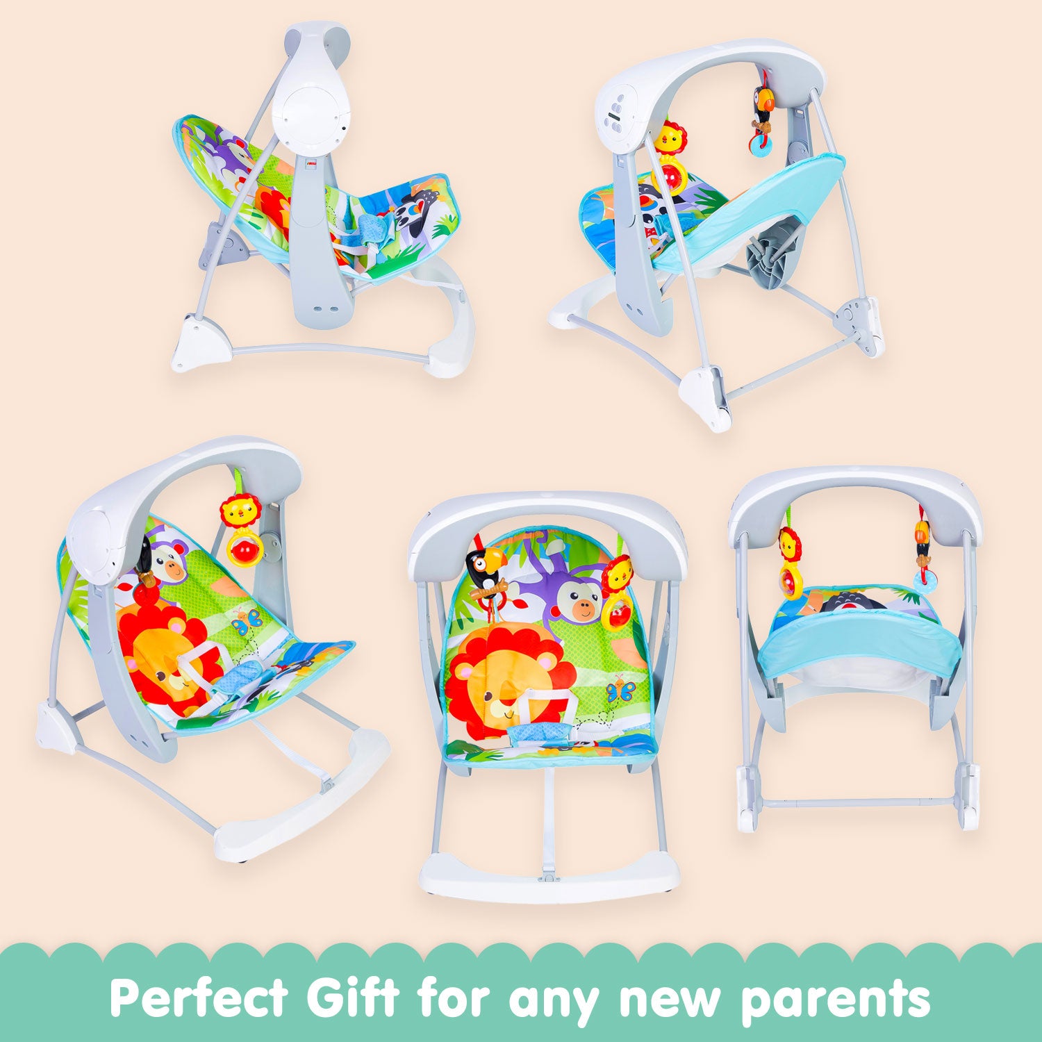 Baby Moo Bright Stars Foldable Musical Comfortable Swing Zoo Print Multicolor