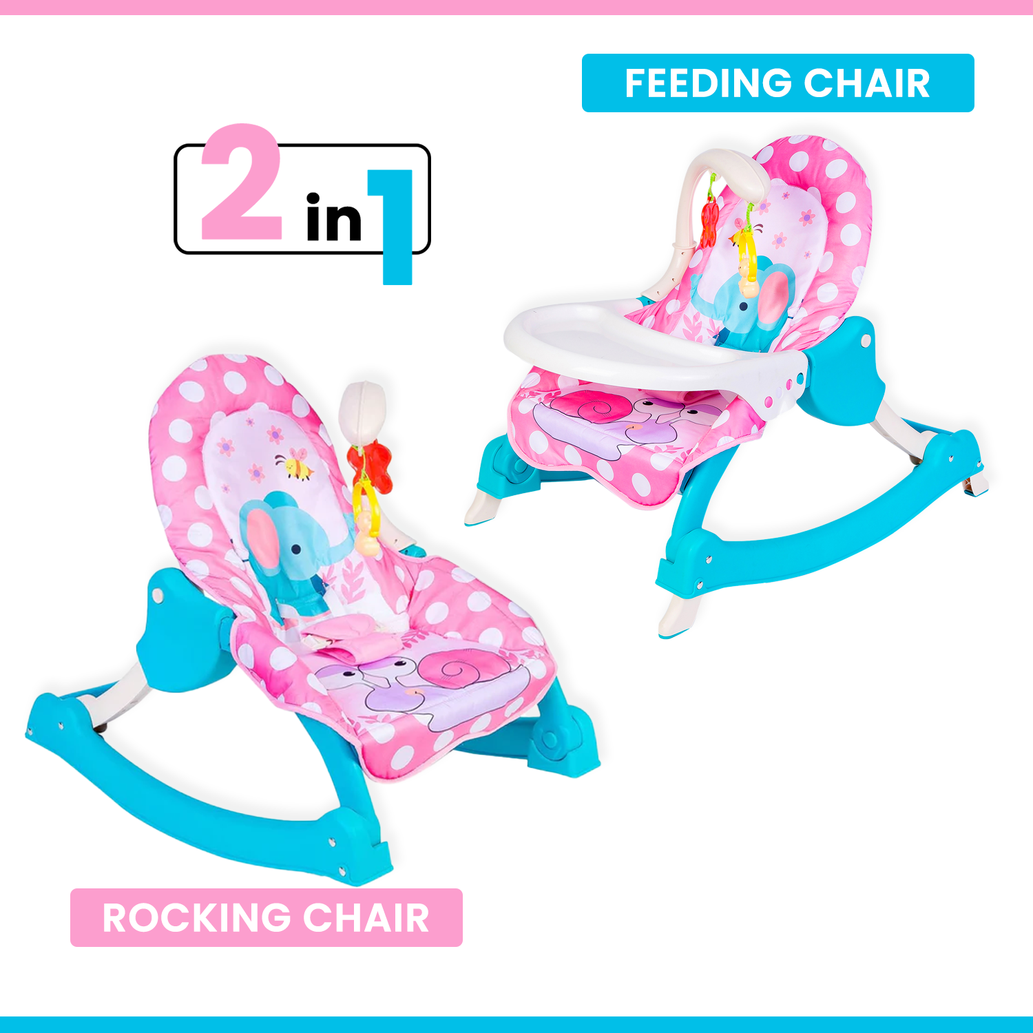 Baby Moo 2 In 1 Rocker Cum Feeding Chair 20 Kg Polka Dot Pink