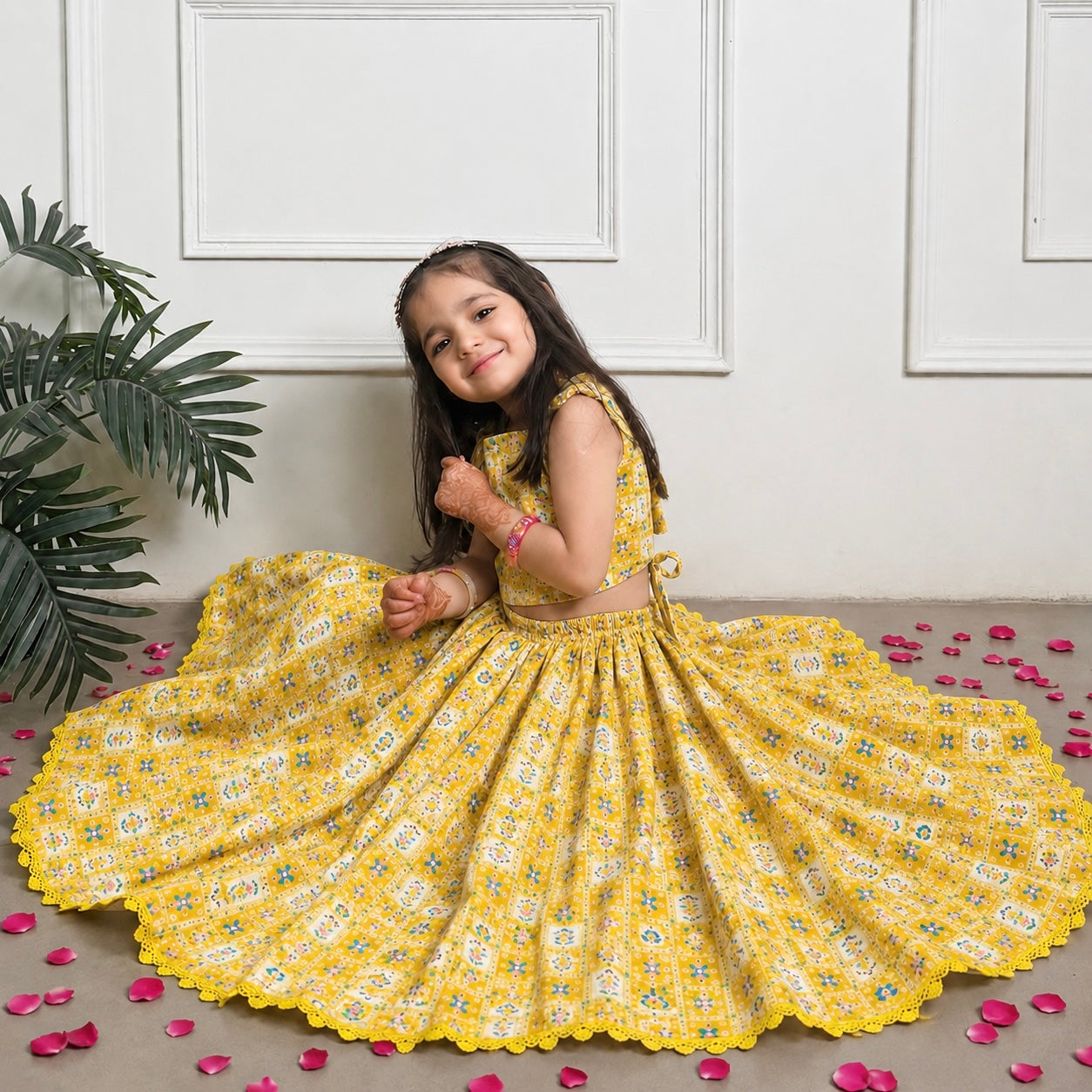Girls Cotton Lehenga Set - Multiple Designs - Marigold design