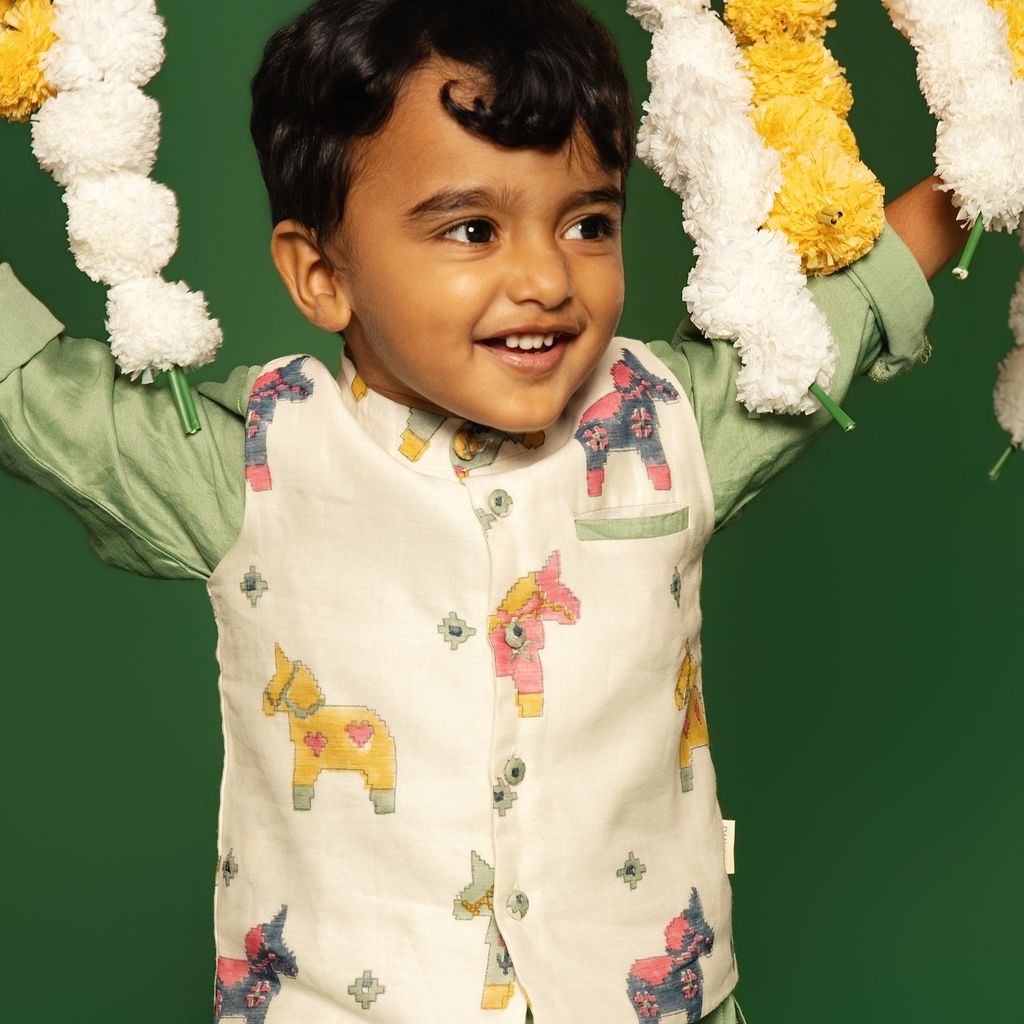 Chanderi Kurta Pyjama & Bandi Set | Hand-Block Printed