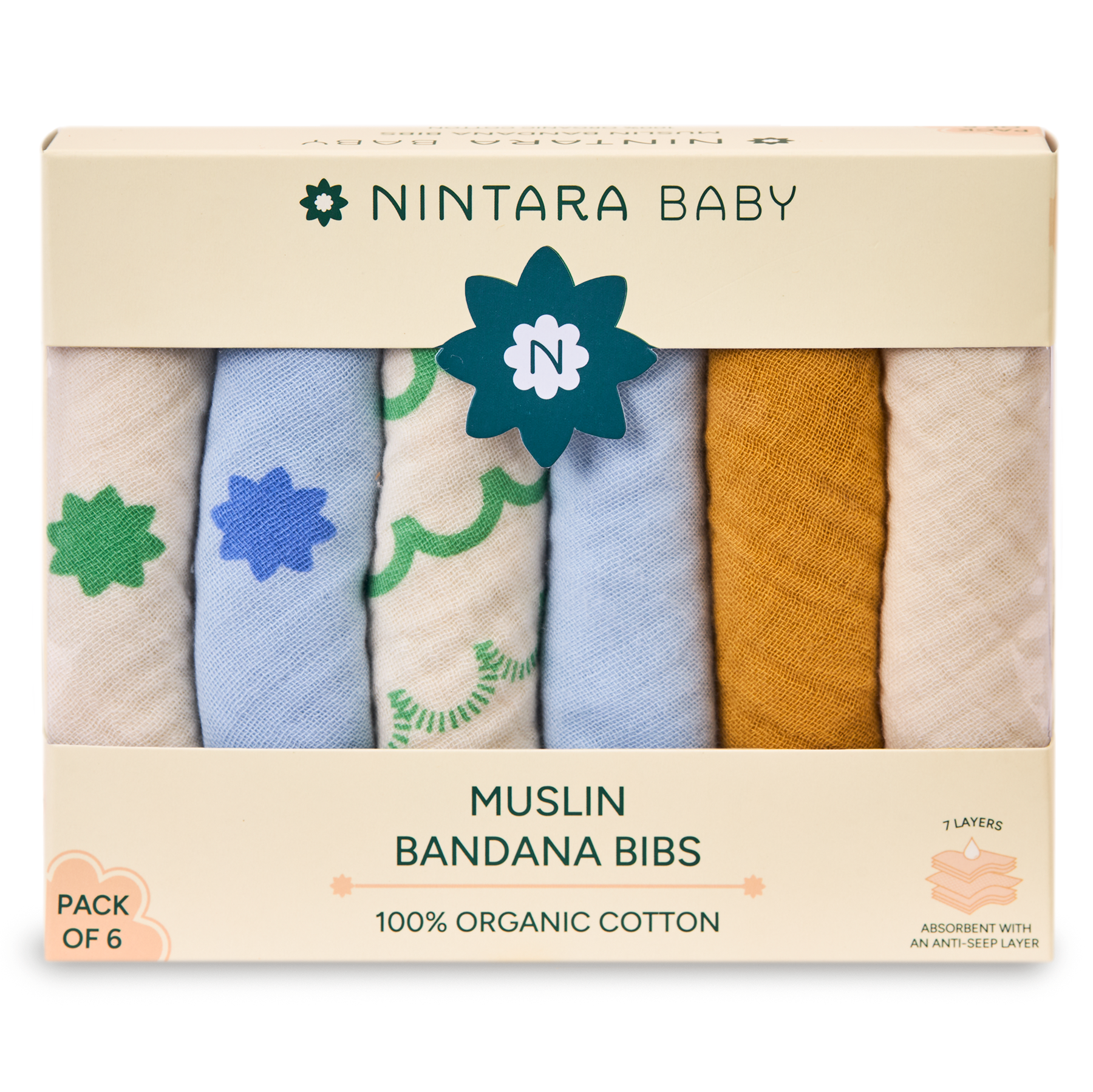 Nintara Baby Bandana Bibs - 100% Organic Premium Muslin Cotton, Absorbent, Soft, Adjustable Snap Buttons, Reversible, 6-Layers for Drooling, Teething, Feeding, Gifts for Babies Ages 0-3