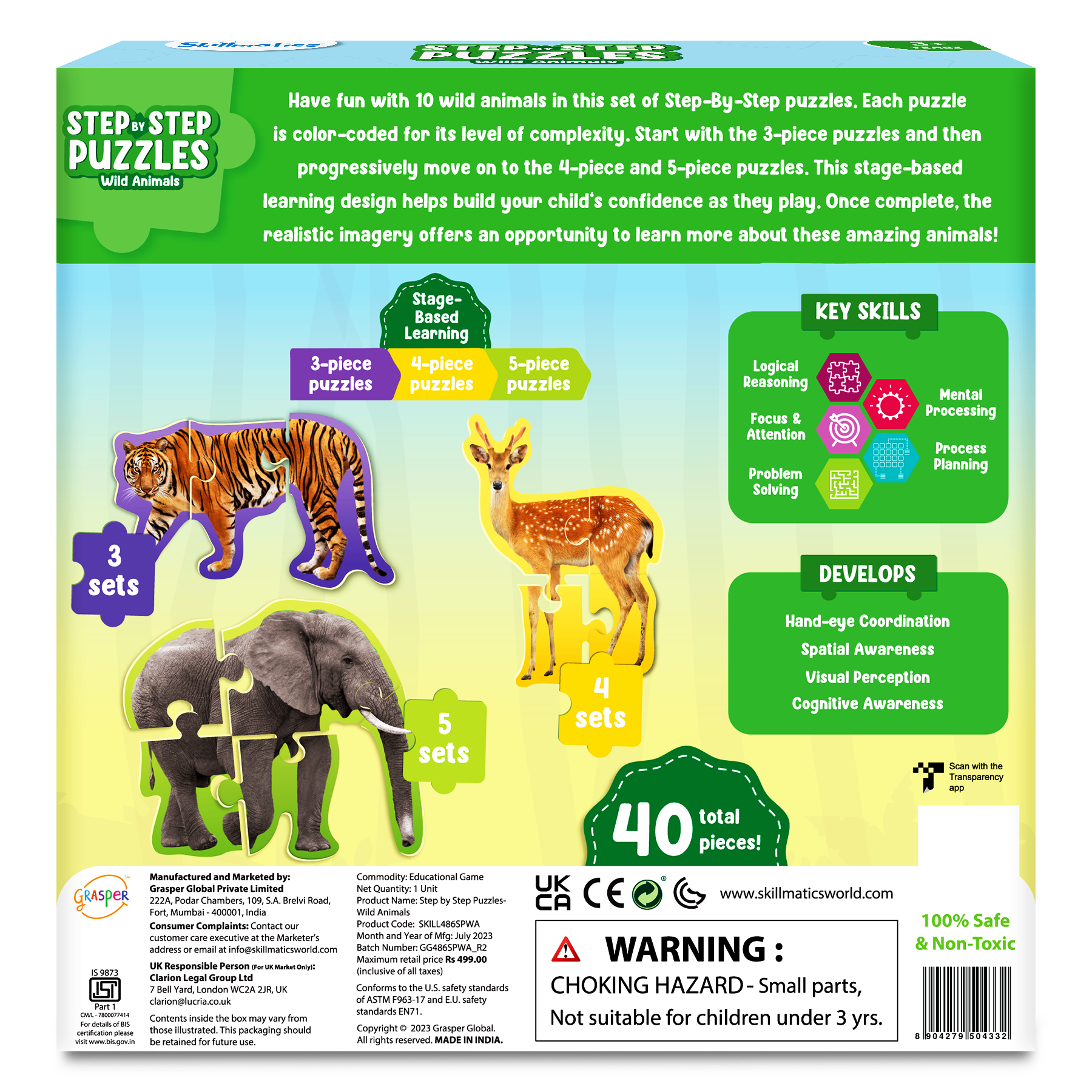 Skillmatics Step By Step Puzzle - 40 Piece Wild Animal Jigsaw Puzzle, Educational Toddler Toy, Stage-Based Learning, Gifts For Kids Ages 2 To 5