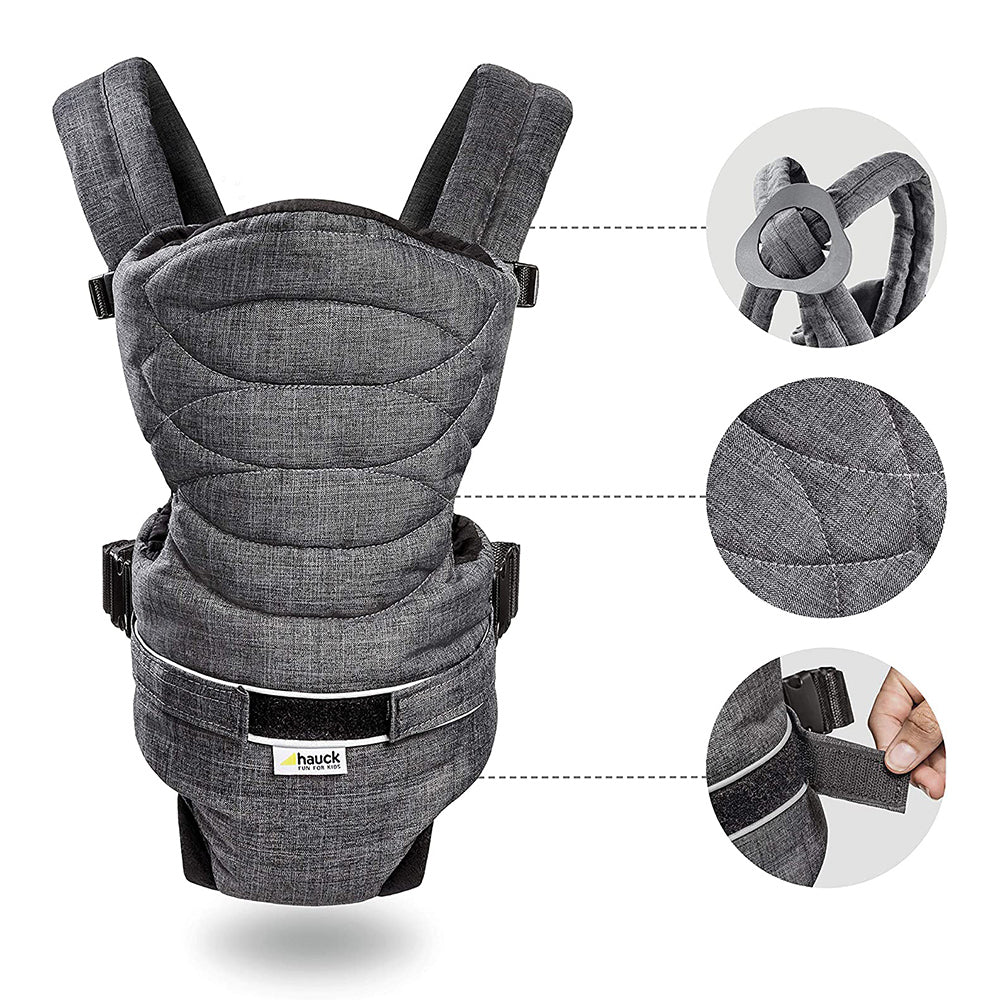 Hauck 2 Way Carrier - Baby Carrier With 4 Carry Positions, Baby Carrier For 0 To 9 Months Baby, Breathable Skin-Friendly Premium Fabric, Adjustable Newborn To Toddler Carrier, Max Weight Up To 12 Kgs (Melange Charcoal)
