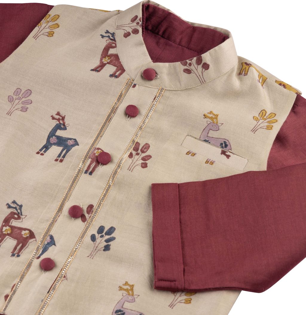 Chanderi Kurta Pyjama & Bandi Set | Hand-Block Printed (Gota Work)