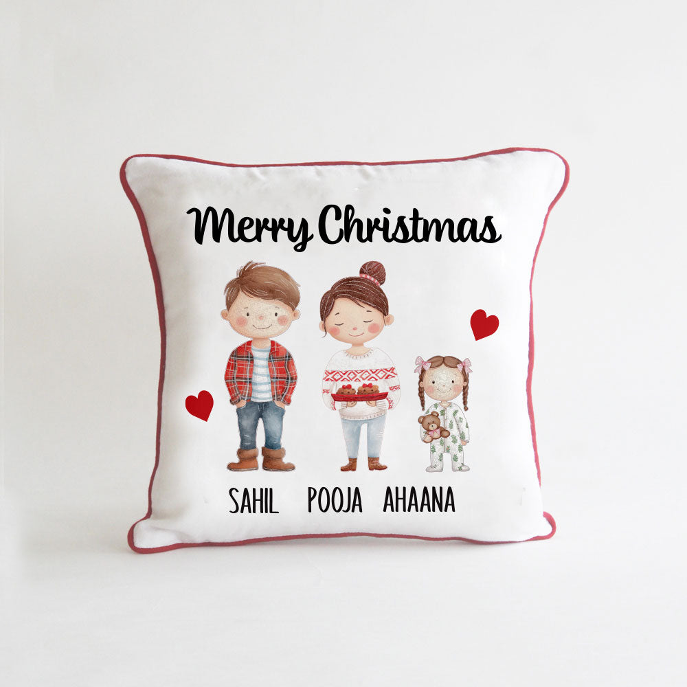 Personalised Christmas Stick Figure Cushion - 3 People/Pets