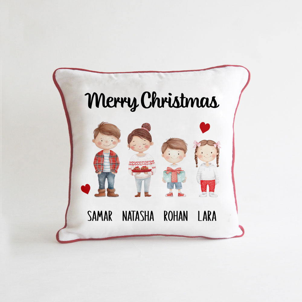 Personalised Christmas Stick Figure Cushion - 4 People/Pets
