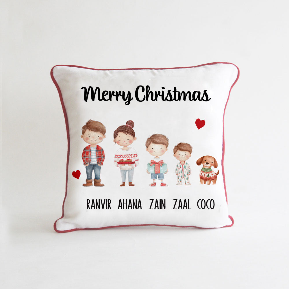 Personalised Christmas Stick Figure Cushion - 5 People/Pets