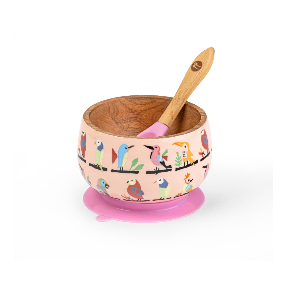 Anek Chidiya Wooden Suction Bowl And Spoon Set - Pink