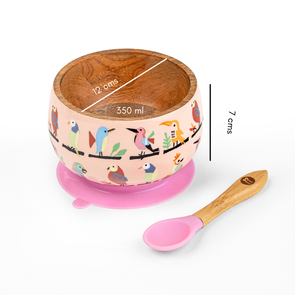 Anek Chidiya Wooden Suction Bowl And Spoon Set - Pink