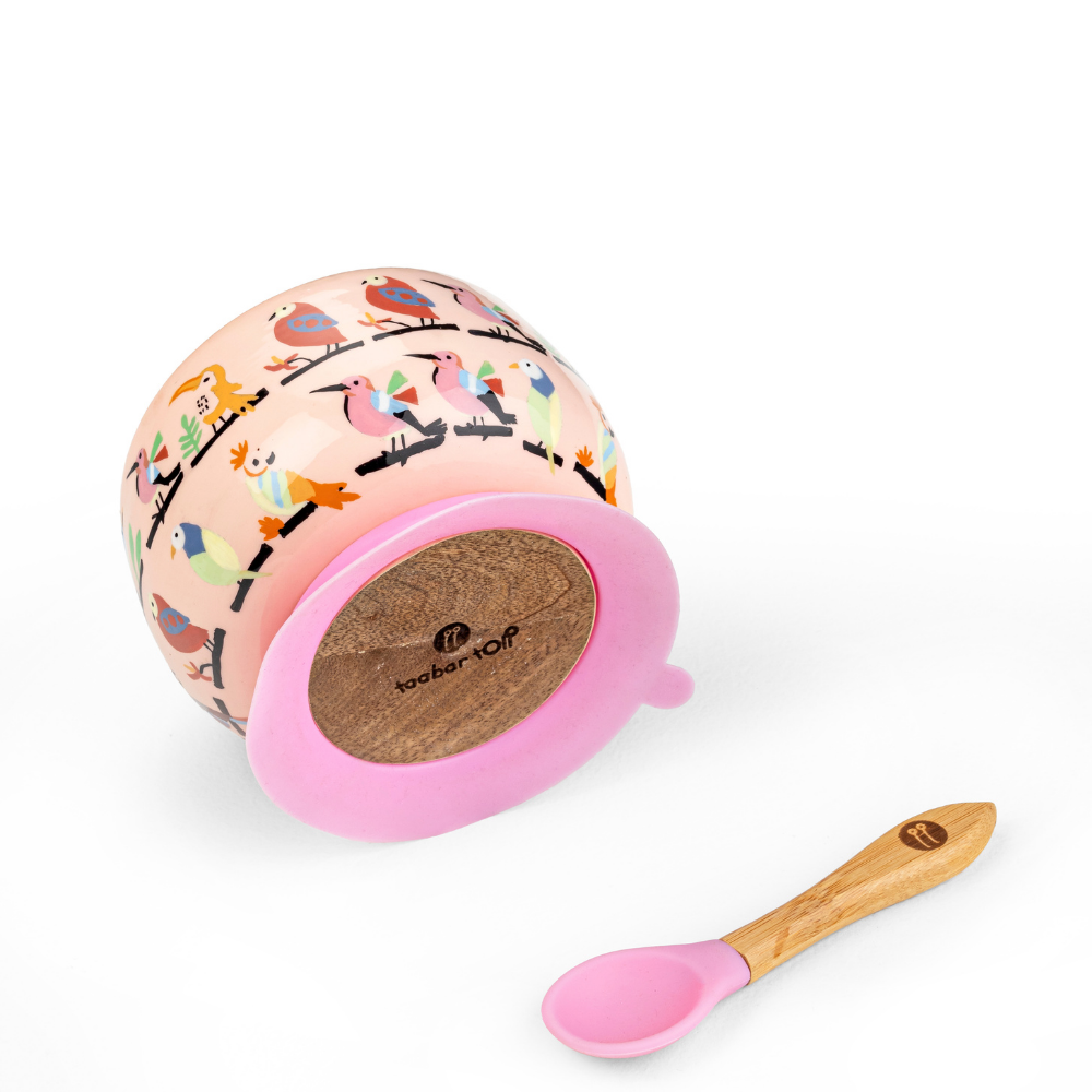 Anek Chidiya Wooden Suction Bowl And Spoon Set - Pink