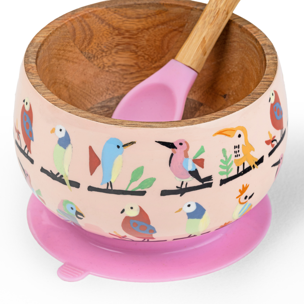 Anek Chidiya Wooden Suction Bowl And Spoon Set - Pink