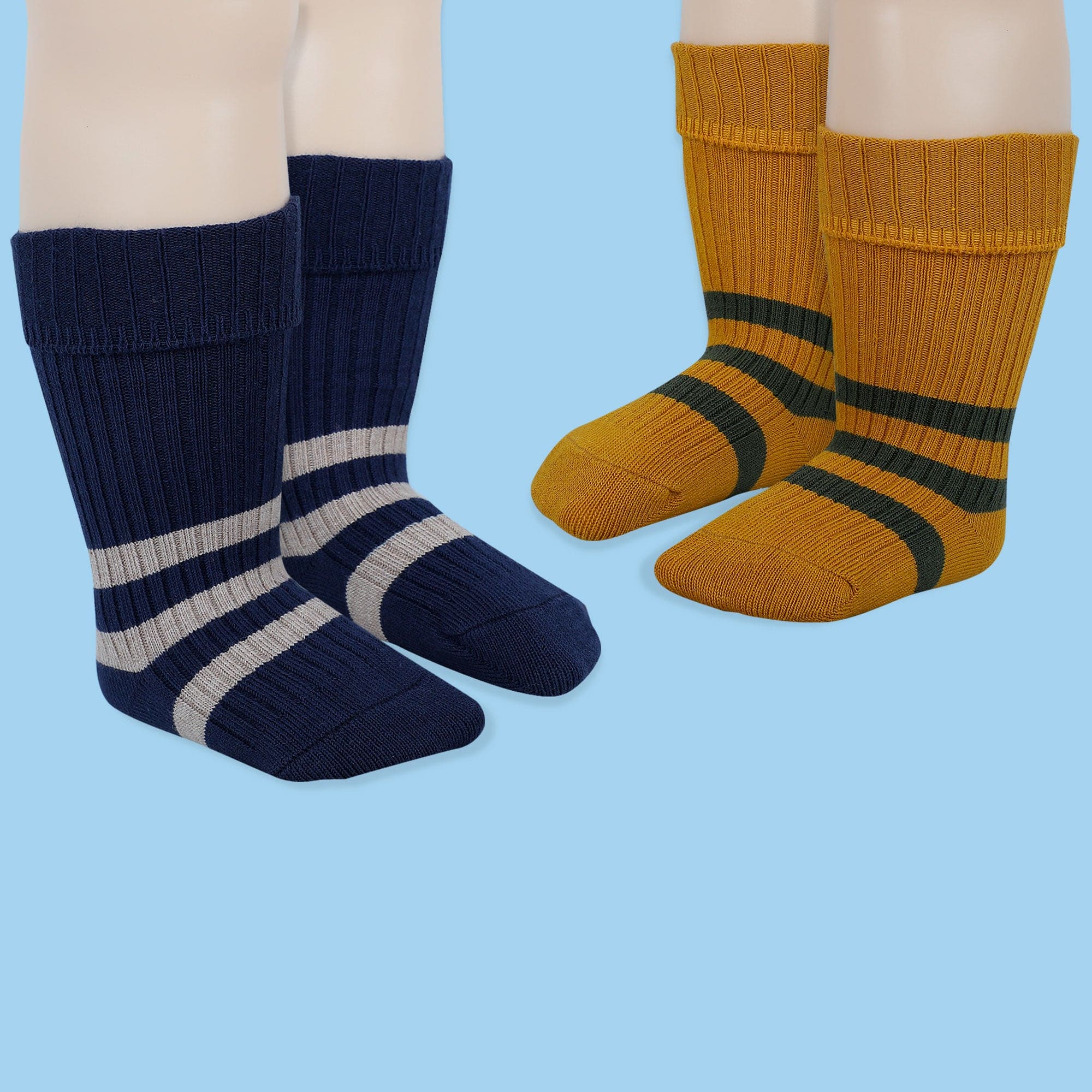 Baby Moo Striped Anti-Skid Socks Pack of 2 - Mustard, Blue