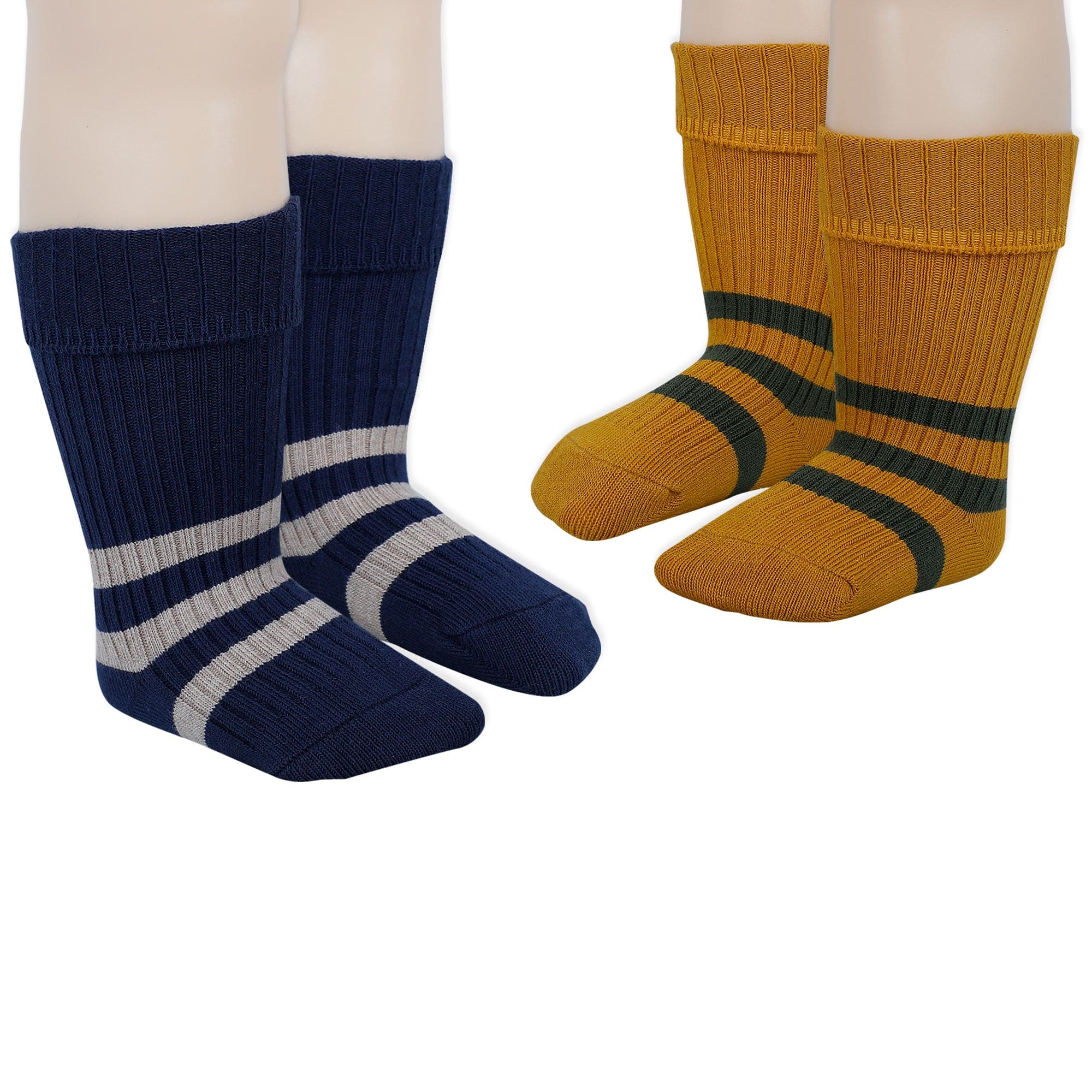 Baby Moo Striped Anti-Skid Socks Pack of 2 - Mustard, Blue