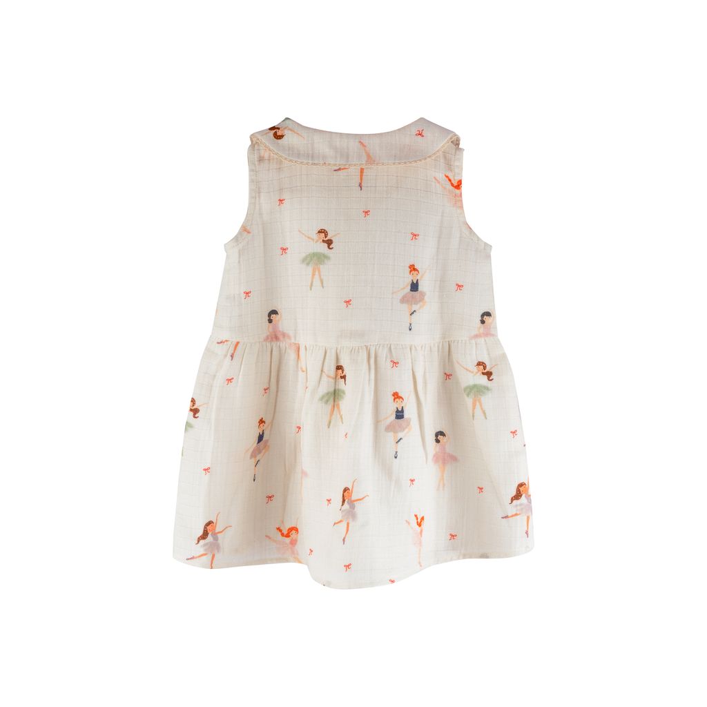 White dress with colorful ballerina print on a white background