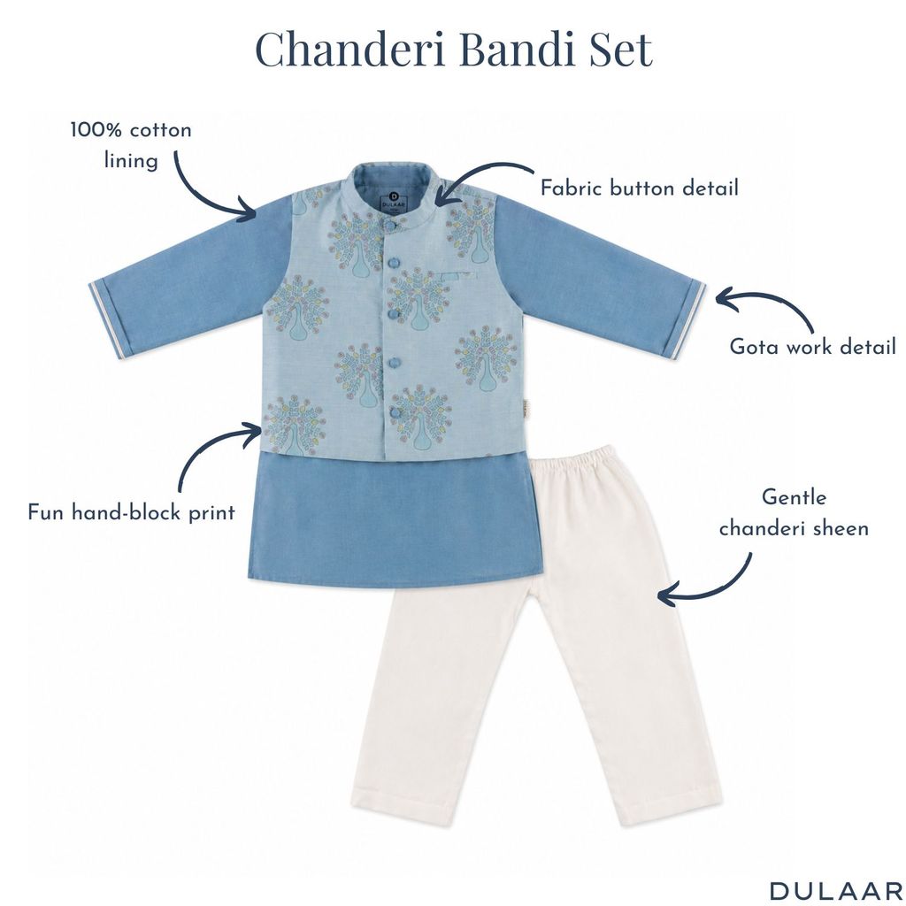Chanderi Kurta Pyjama & Bandi Set | Hand-Block Printed
