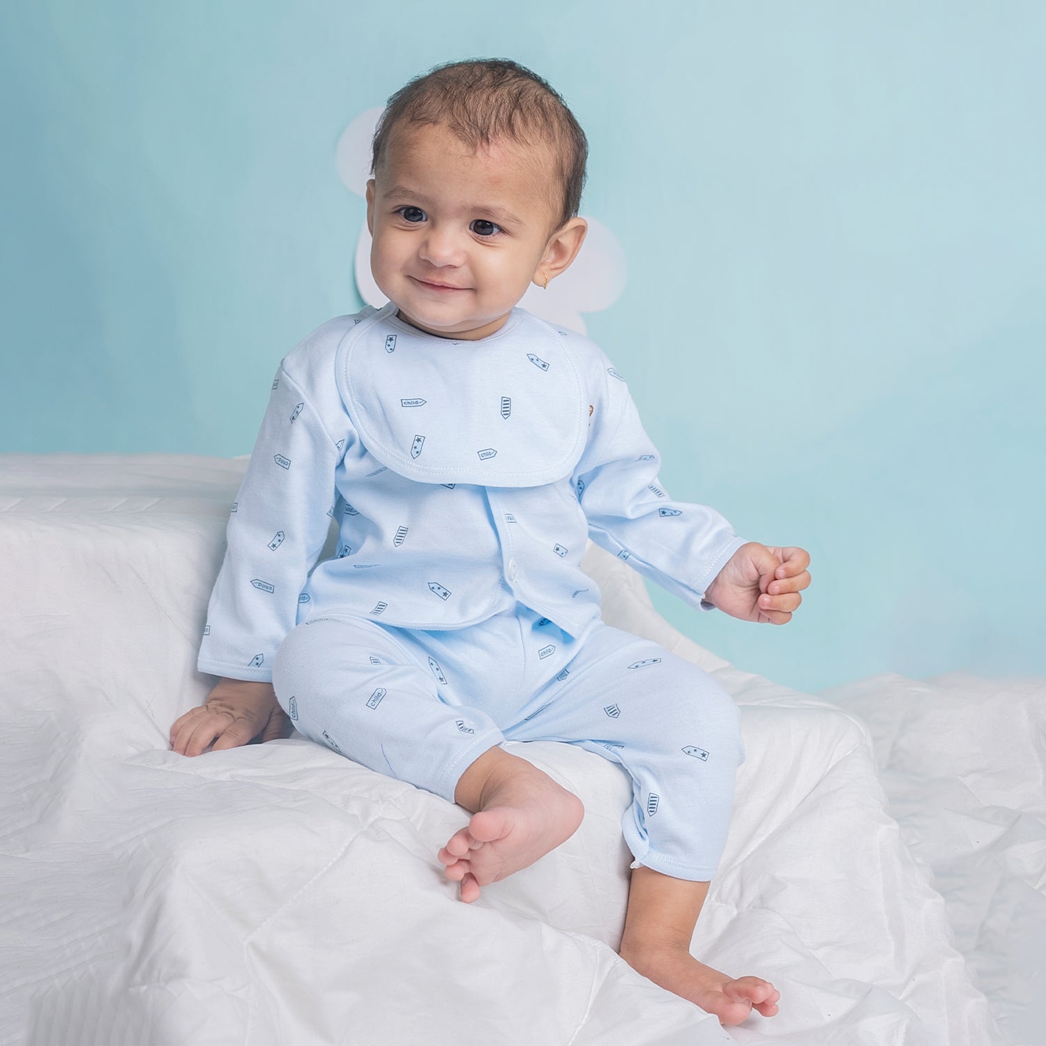 Baby Moo Happy Teddy Printed Cap Bib Pyjamas 5 Pcs Clothing Gift Set - Blue
