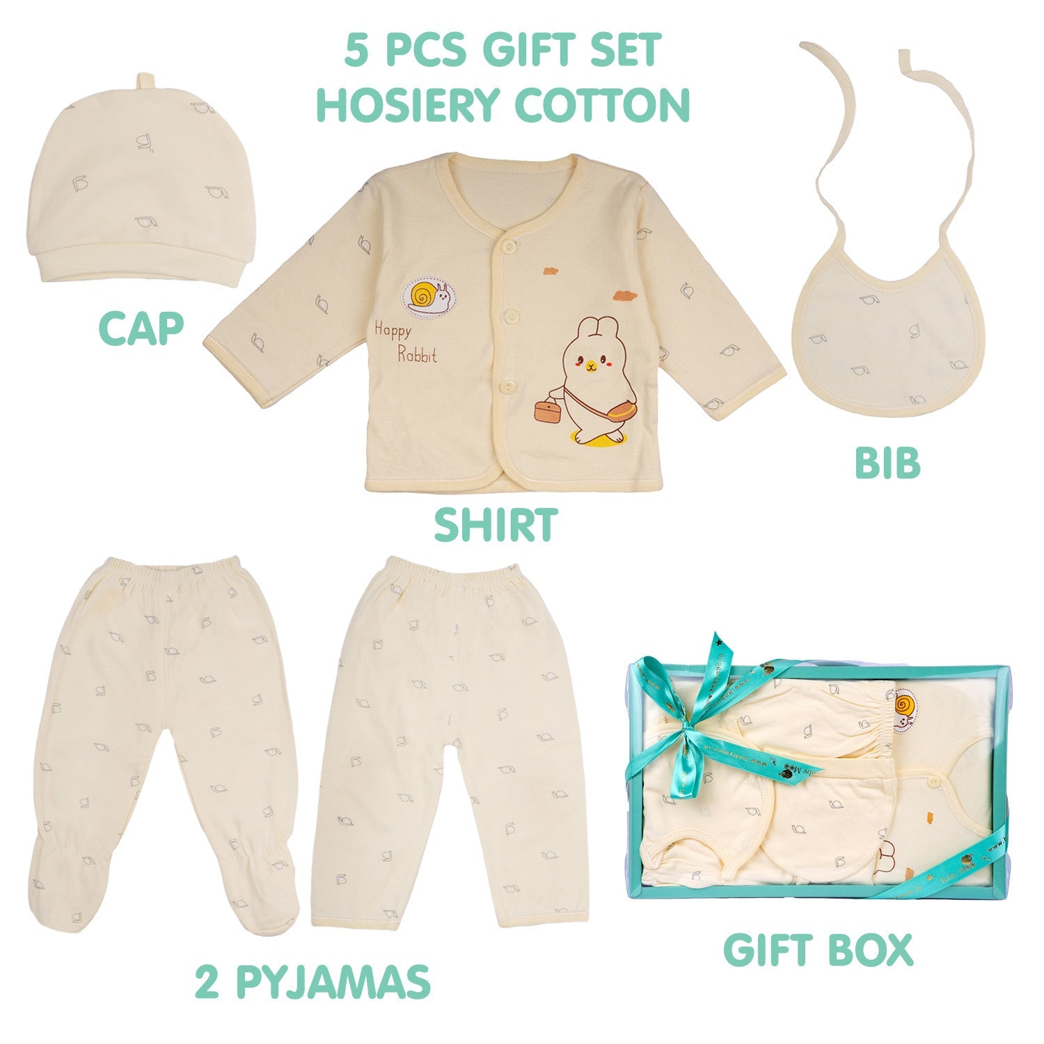 Baby Moo Happy Rabbit Snail Print Cap Bib Pyjamas 5 Pcs Clothing Gift Set - Yellow