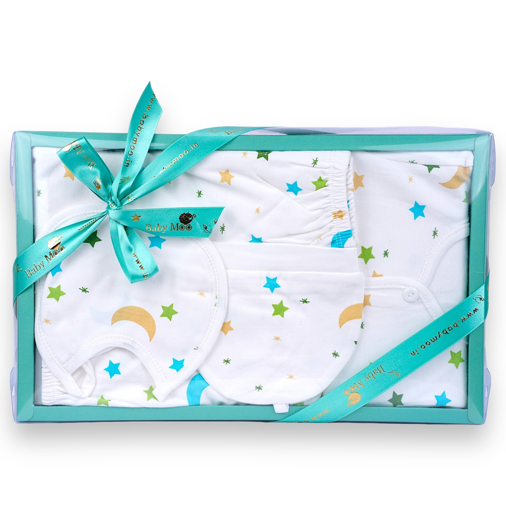 Baby Moo Star and Moon Print Cap Bib Pyjamas 5 Pcs Clothing Gift Set - White