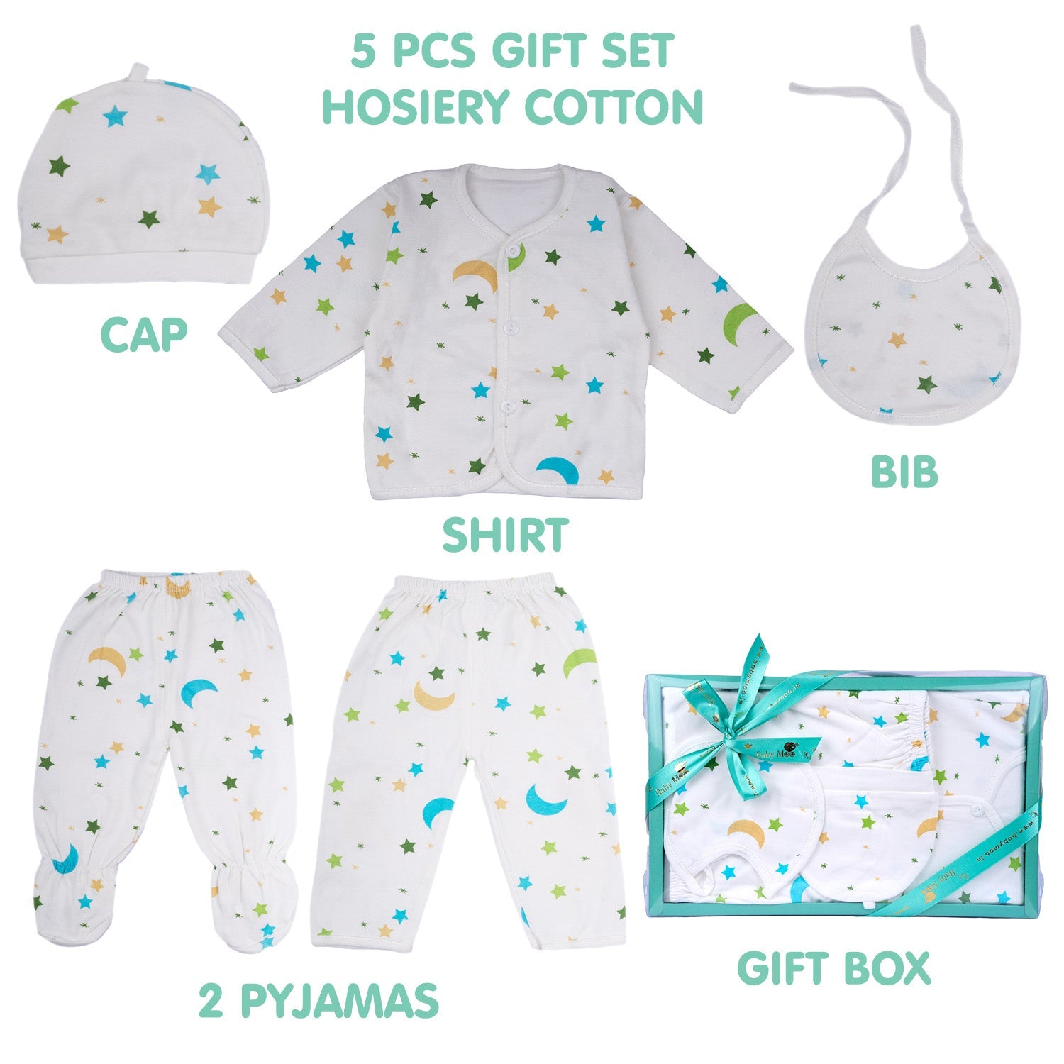 Baby Moo Star and Moon Print Cap Bib Pyjamas 5 Pcs Clothing Gift Set - White