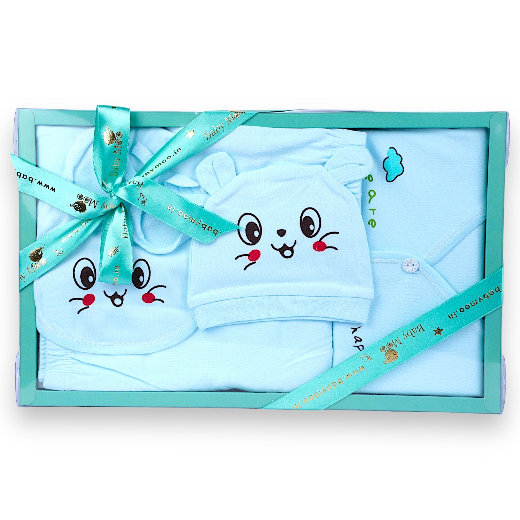 Baby Moo Cool Cat Print Cap Bib Pyjamas 5 Pcs Clothing Gift Set - Blue