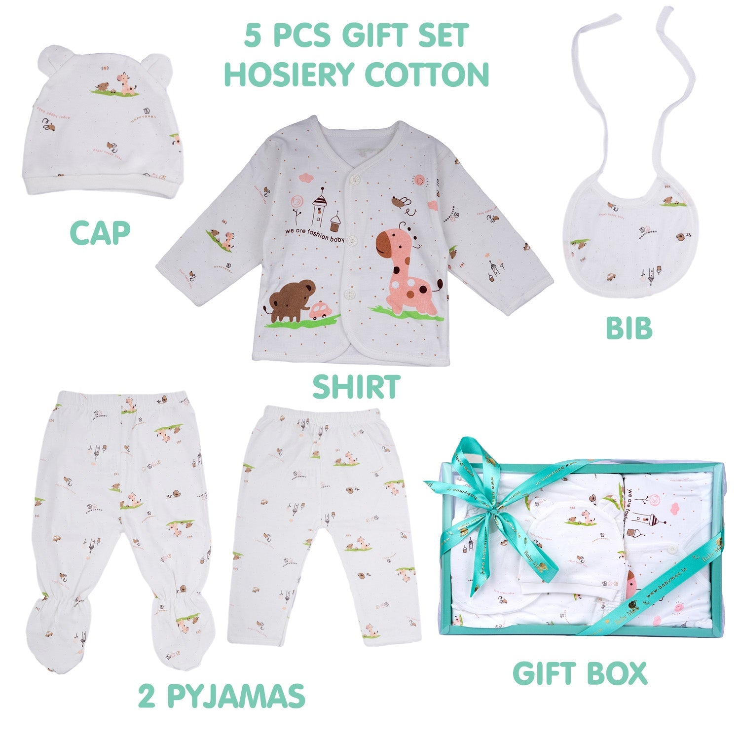 Baby Moo Animal Print Cap Bib Pyjamas 5 Pcs Clothing Gift Set - Peach