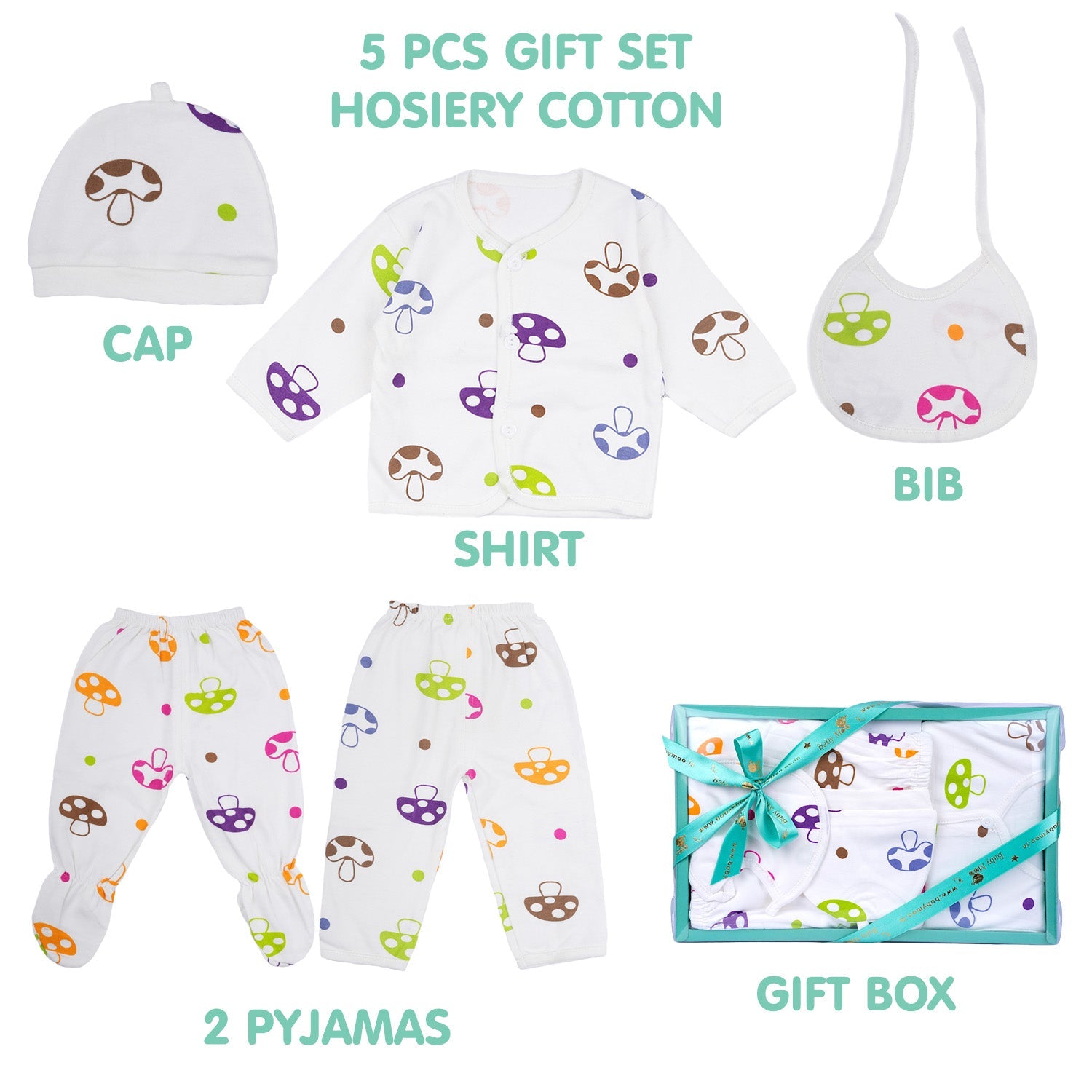 Baby Moo Mushroom Print Cap Bib Pyjamas 5 Pcs Clothing Gift Set - White