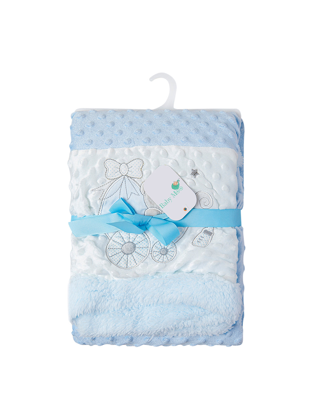 Baby Moo Baby Bear In Pram Soft Reversible Bubble Fur Blanket Blue