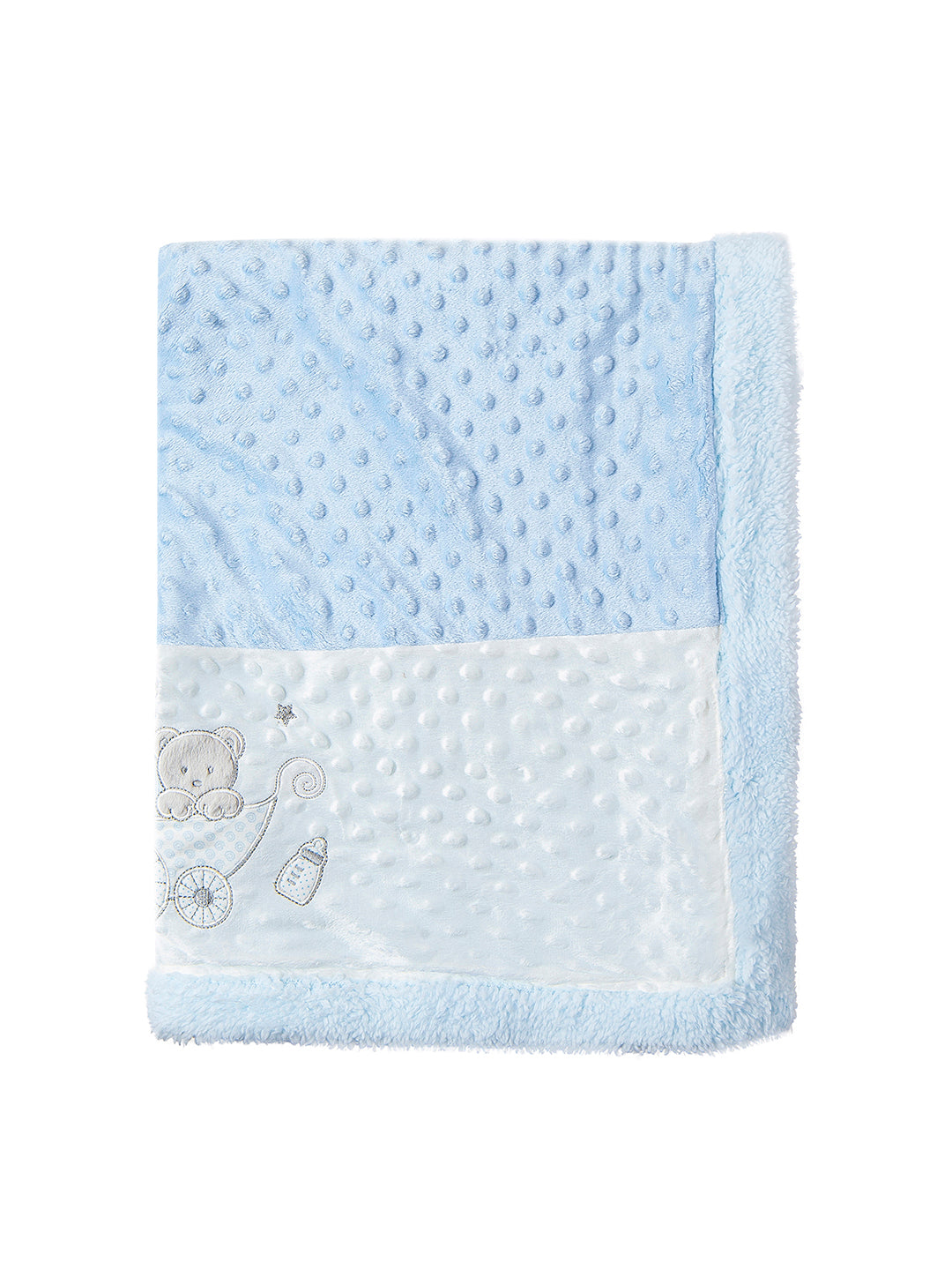 Baby Moo Baby Bear In Pram Soft Reversible Bubble Fur Blanket Blue