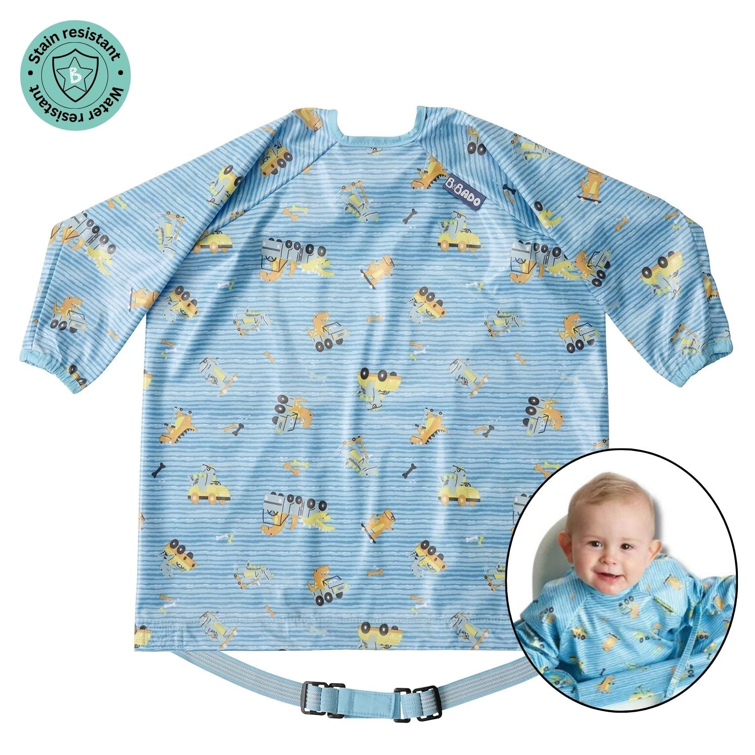 Bibado Long -sleeve Coverall Weaning Bib Speedy Dinos Turquoise