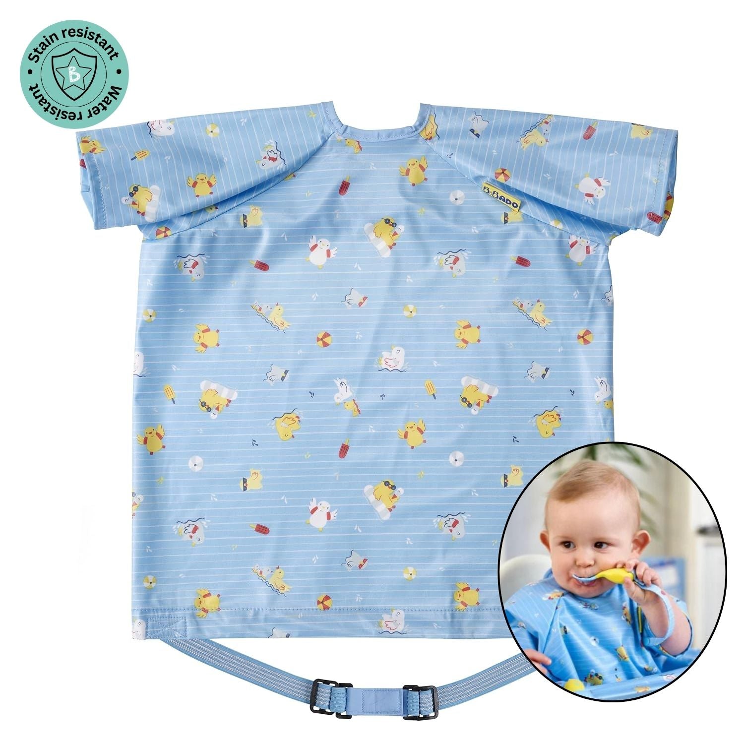 Bibado Short-sleeve Coverall Weaning Bib  Ducklings Pool Party Blue