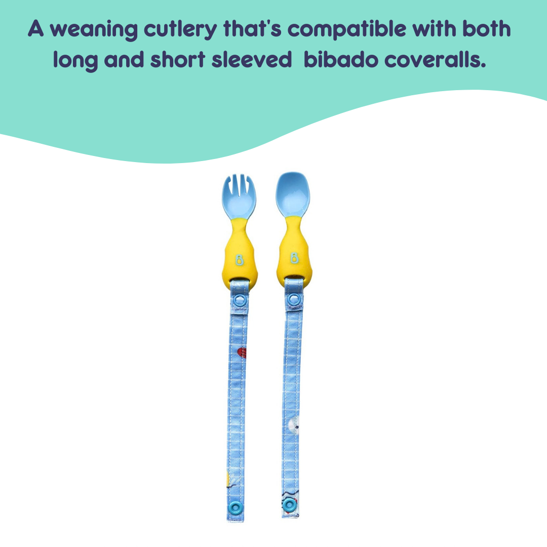 Bibado Handi Cutlery - Attachable Weaning Cutlery Set Ducklings Pool Party Blue