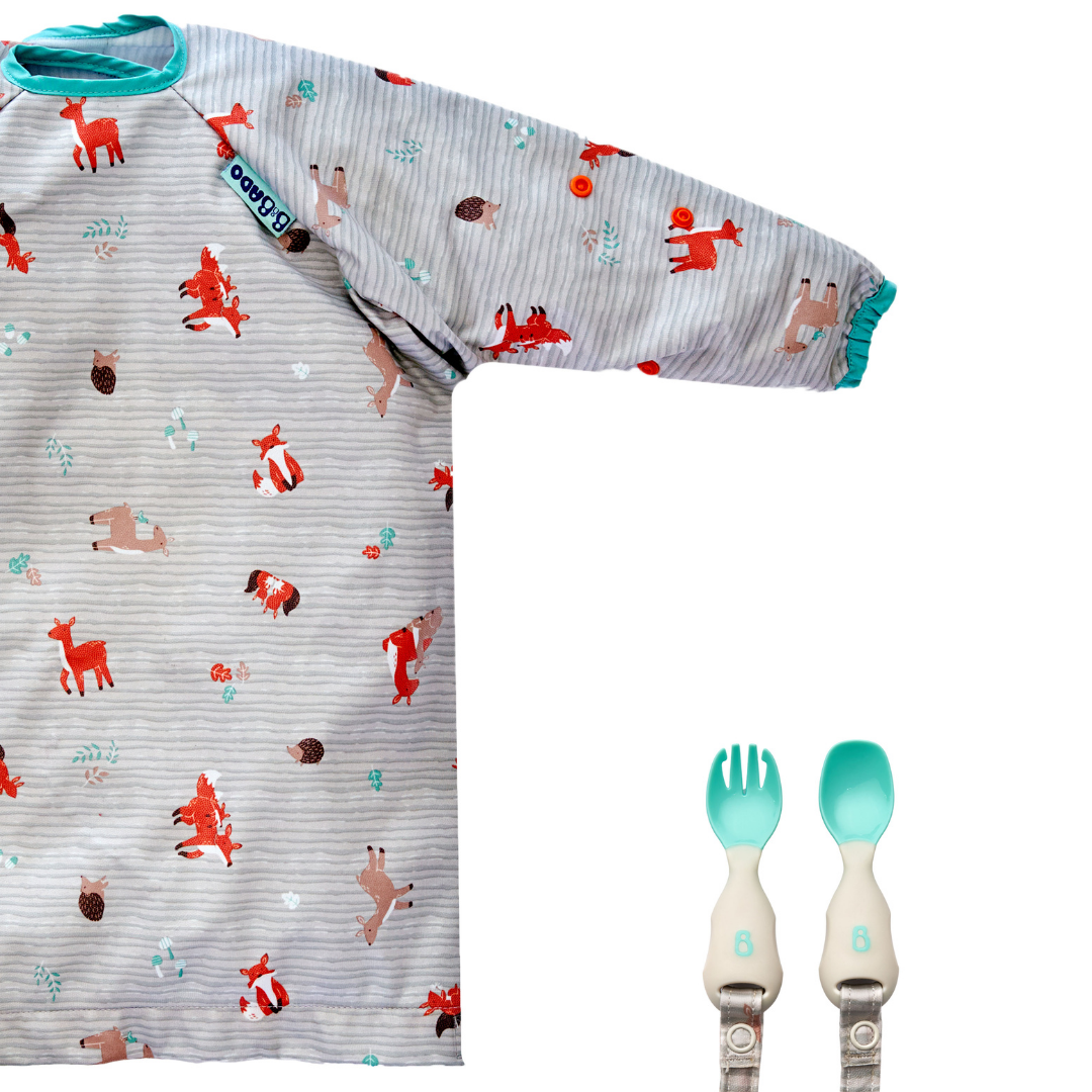 Bibado Long Sleeve Coverall & Attachable Handi Cutlery Bundle Woodland Friends Grey